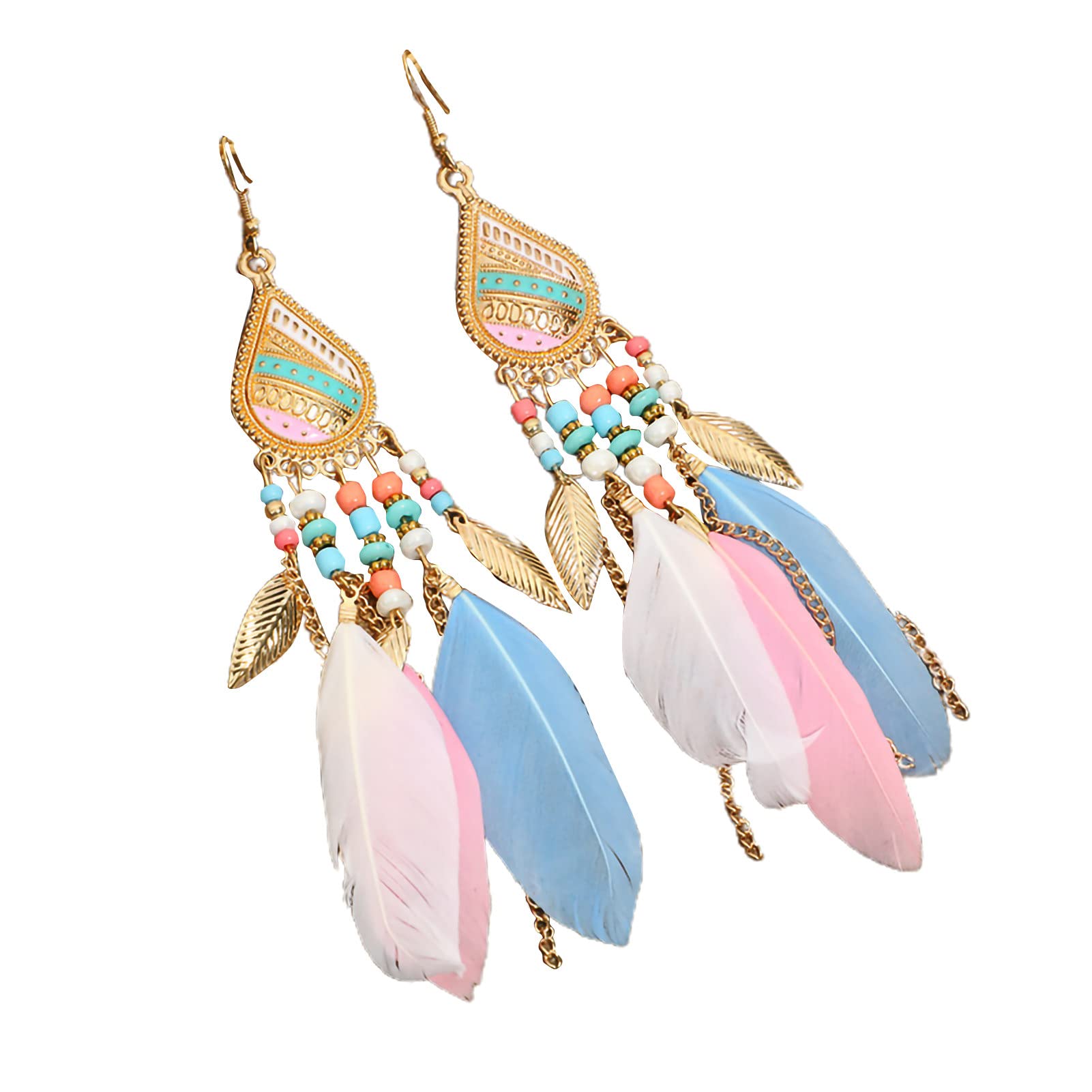 Gflyme Women's Vintage Beaded Feather Hook Earrings - 1 Pair Long Dangle Jewelry for Banquet, Party, Wedding & Special Occasions