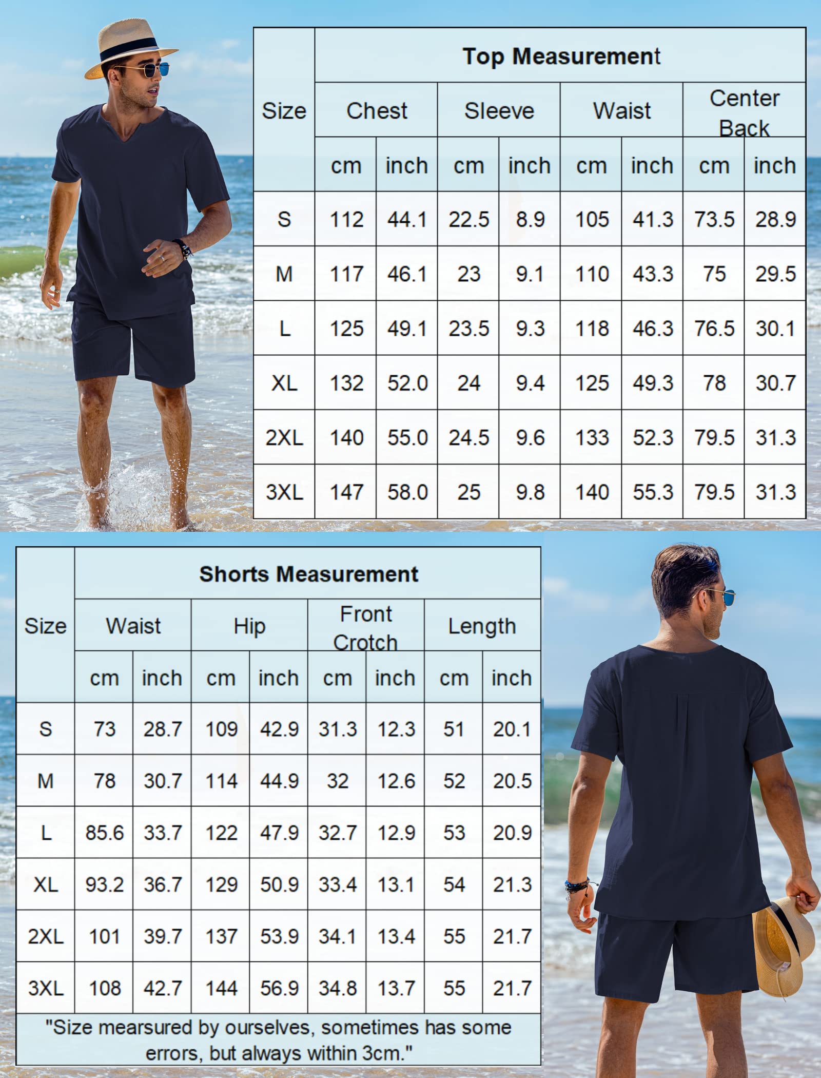 COOFANDY Men's Matching Shirt and Shorts Set - Summer Cotton Linen Lounge Suit | 2-Piece Lightweight Beach Outfit in Navy Blue | Perfect for Casual Wear, Vacation & Outdoor Activities
