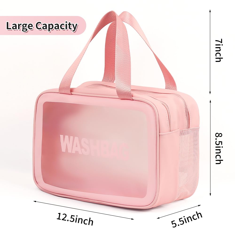 PVC Waterproof Cosmetic Bag Set - Large Clear Travel Toiletry Organizer with Thickened Plastic, Transparent Makeup Tote Bags for Cosmetics, Wash Bag & Travel Essentials - Perfect for Vacation, Gym & Daily Use (Pink, 4-Pack)