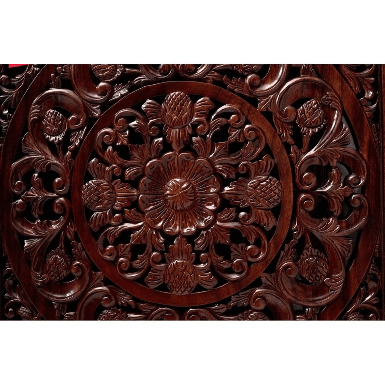 Hand Carved Solid Wood Three Door Brown Sideboard - Modern Wooden Credenza for Dining Room, Living Room & Entryway Storage | Rustic Home Decor Furniture