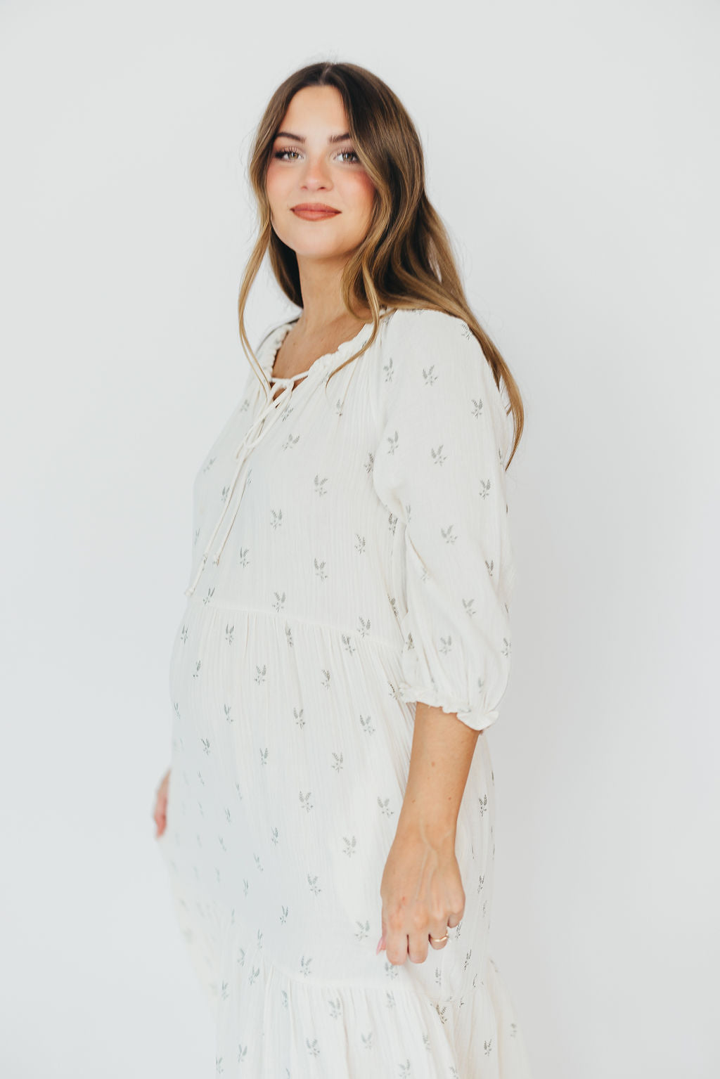 Avery Tiered Linen Blend Midi Dress in Soy/Sage Foliage - Bump Friendly Maternity Dress with Inclusive Sizing for Women - Perfect for Summer Weddings, Beach Vacations & Brunch Dates