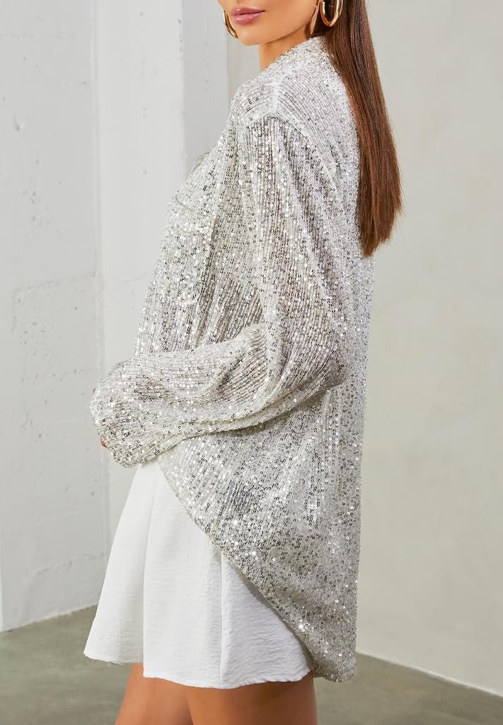 Women's Sparkly Sequin Button Front Shirt - Silver Glitter Collared Long Sleeve Blouse for Dinner Parties, Night Out & Special Occasions