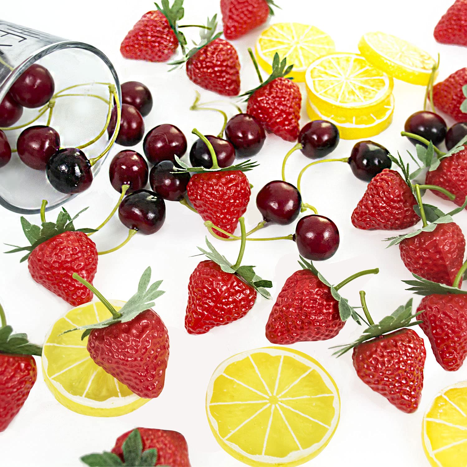 70-Piece Artificial Fruit Set - 40 Fake Cherries, 10 Lemon Slices, 20 Strawberries for DIY Crafts, Home Decor, Wedding Centerpieces & Party Decorations