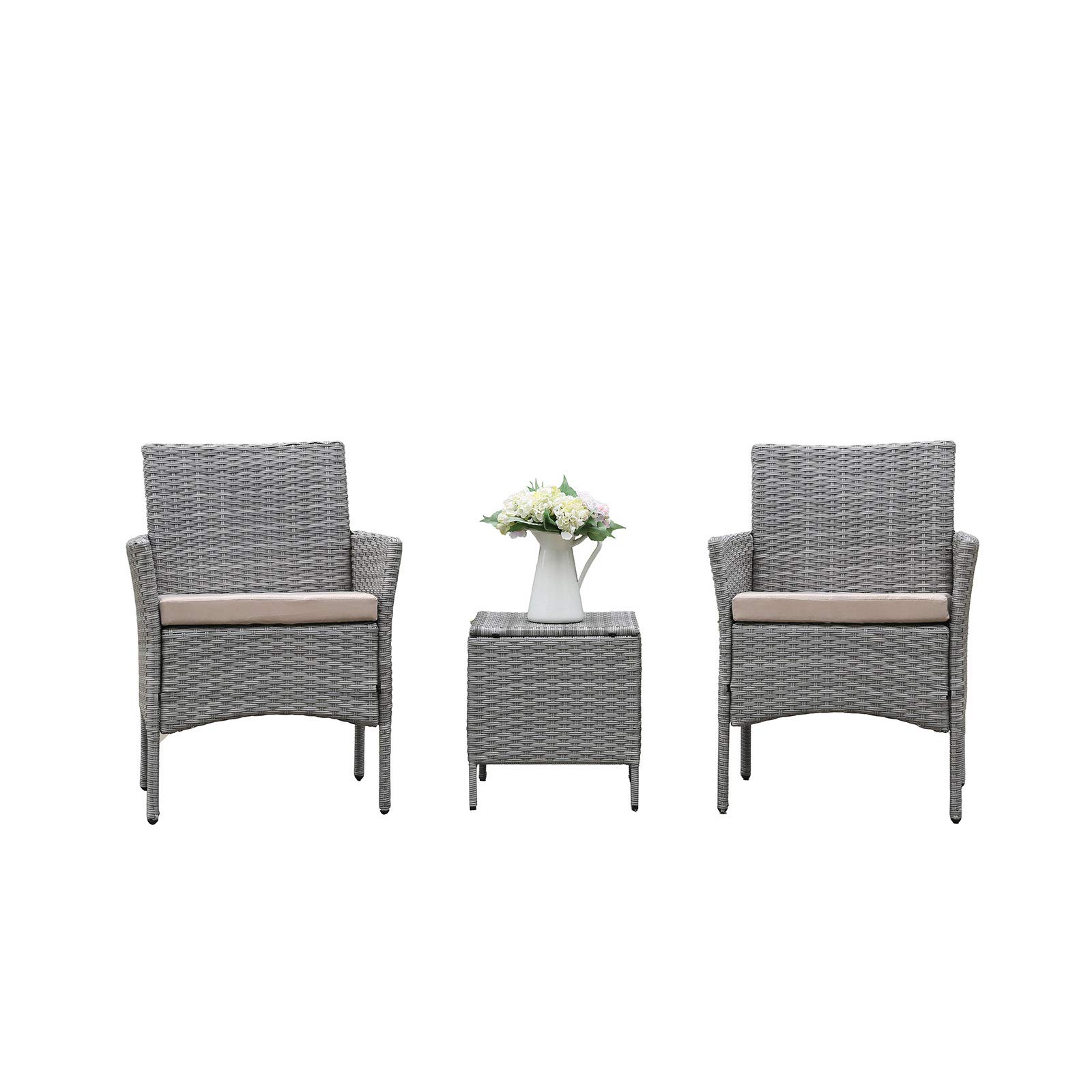 3-Piece Patio Furniture Set - PE Wicker Rattan Table & Chairs Conversation Set with Cushioned Sofa & Coffee Table for Garden, Backyard, Poolside (Light Grey) | Outdoor Lounge Set for Relaxing, Entertaining & Enjoying Summer Days