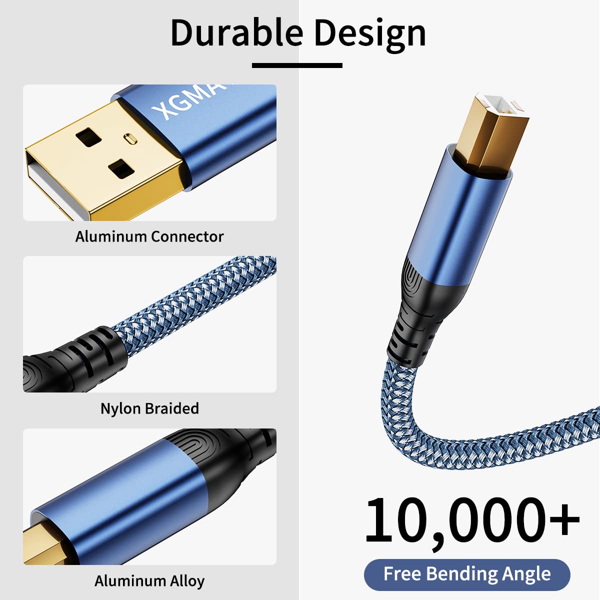 XGMATT 4.5M USB 2.0 Printer Cable A Male to B Male - High Speed Braided Nylon Scanner Cord for HP, Dell, Canon, Lexmark, Xerox, Brother, Samsung Printers - Perfect for Home Office, Small Business & Commercial Printing (Blue)