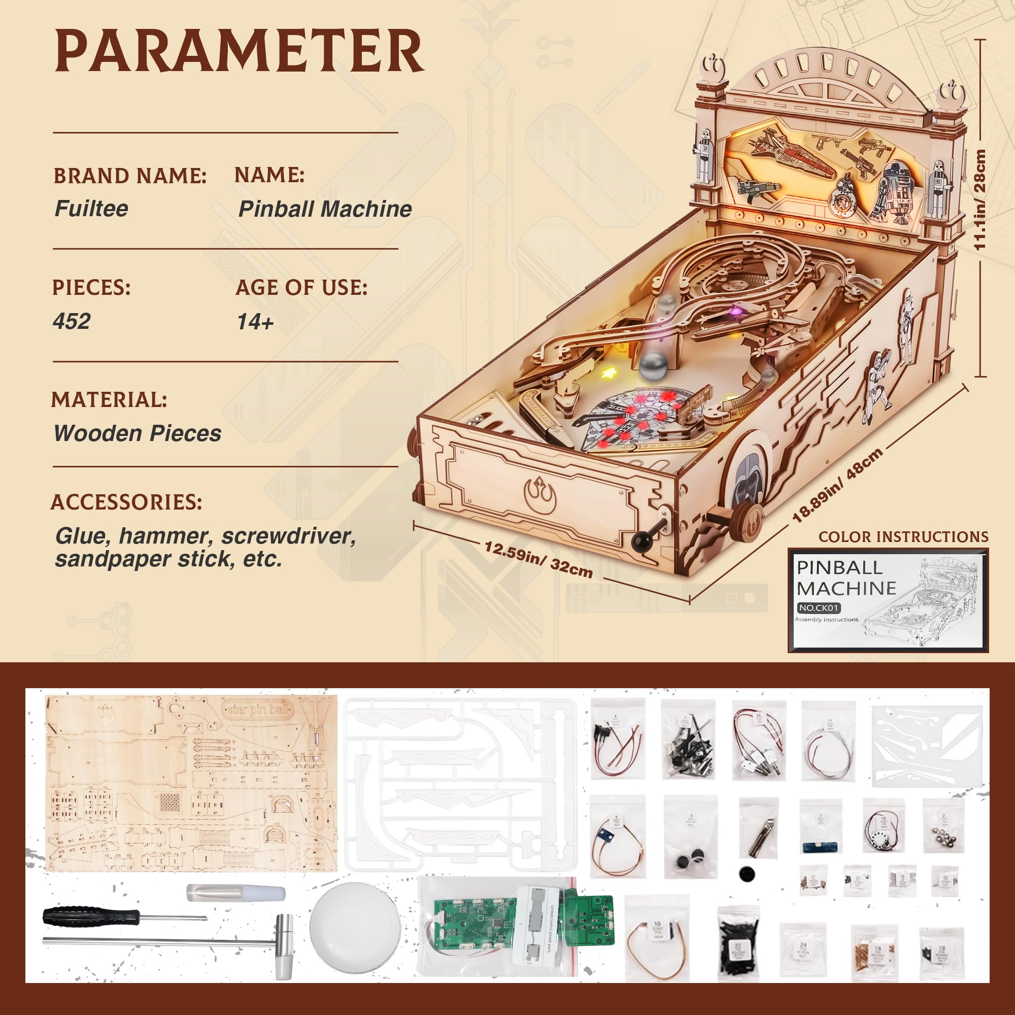 DIY Miniature Pinball Machine Kit - 3D Wooden Puzzle for Adults & Teens 14+ - Creative Wood Model Building Set - Perfect Gift for Gamers & Hobbyists - Fun Home Decor & STEM Learning Activity