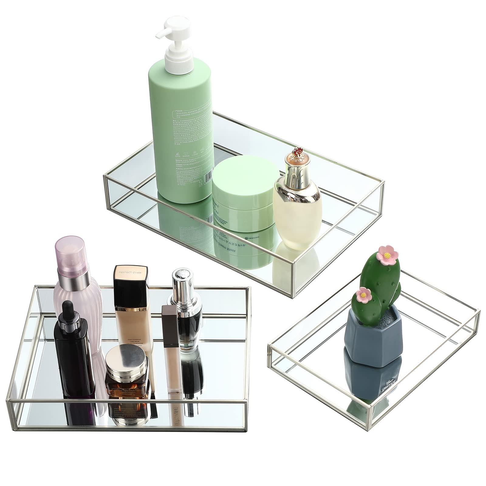 Jetec 3-Piece Decorative Metal Vanity Tray Set - Rectangle & Octagon Mirror Trays for Perfume, Makeup, Jewelry Organizer (Silver, 3 Sizes) - Perfect for Dresser, Bedroom, Bathroom & Hotel Decor