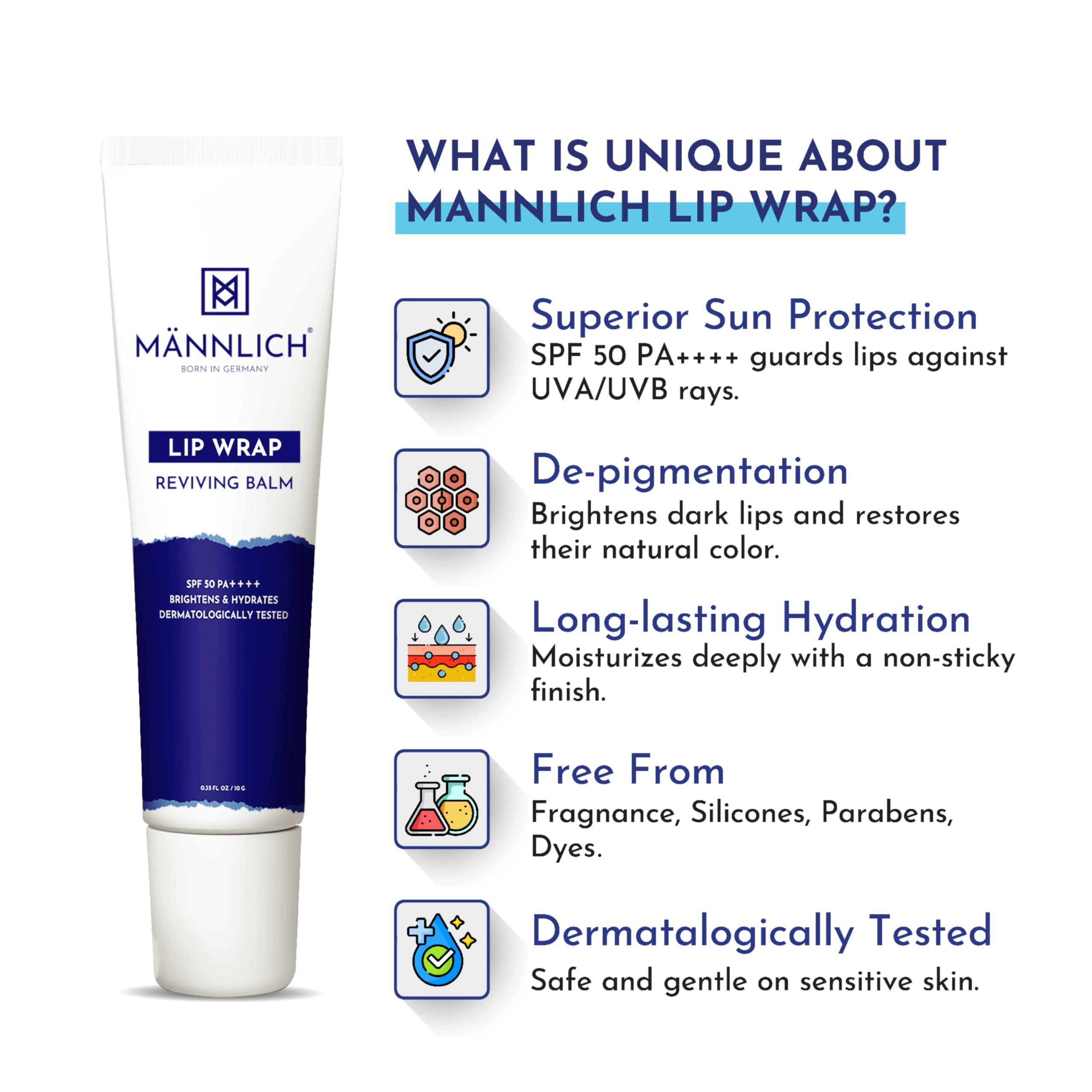 Mannlich SPF 50 PA++++ Lip Balm for Men - 2% Kojic Acid & 1% Hyaluronic Acid Lip Care Treatment - Moisturizing, Lightening, Long-Lasting Hydration for Dry & Chapped Lips (10g) - Perfect for Outdoor Activities, Workouts & Daily Lip Protection