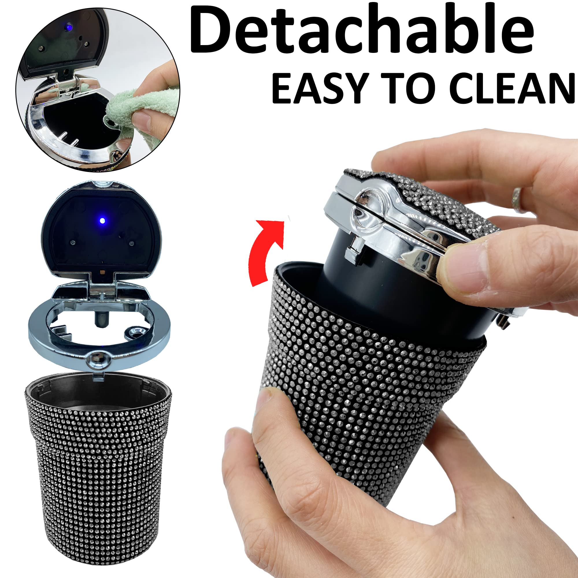 Stainless Steel Car Cigarette Ashtray with Lid & Blue LED Light - Smokeless Vehicle Cup Holder Ashtray for Car, Home, Office Use (Black) | Perfect for Road Trips, Commuting & Indoor Smoking Areas