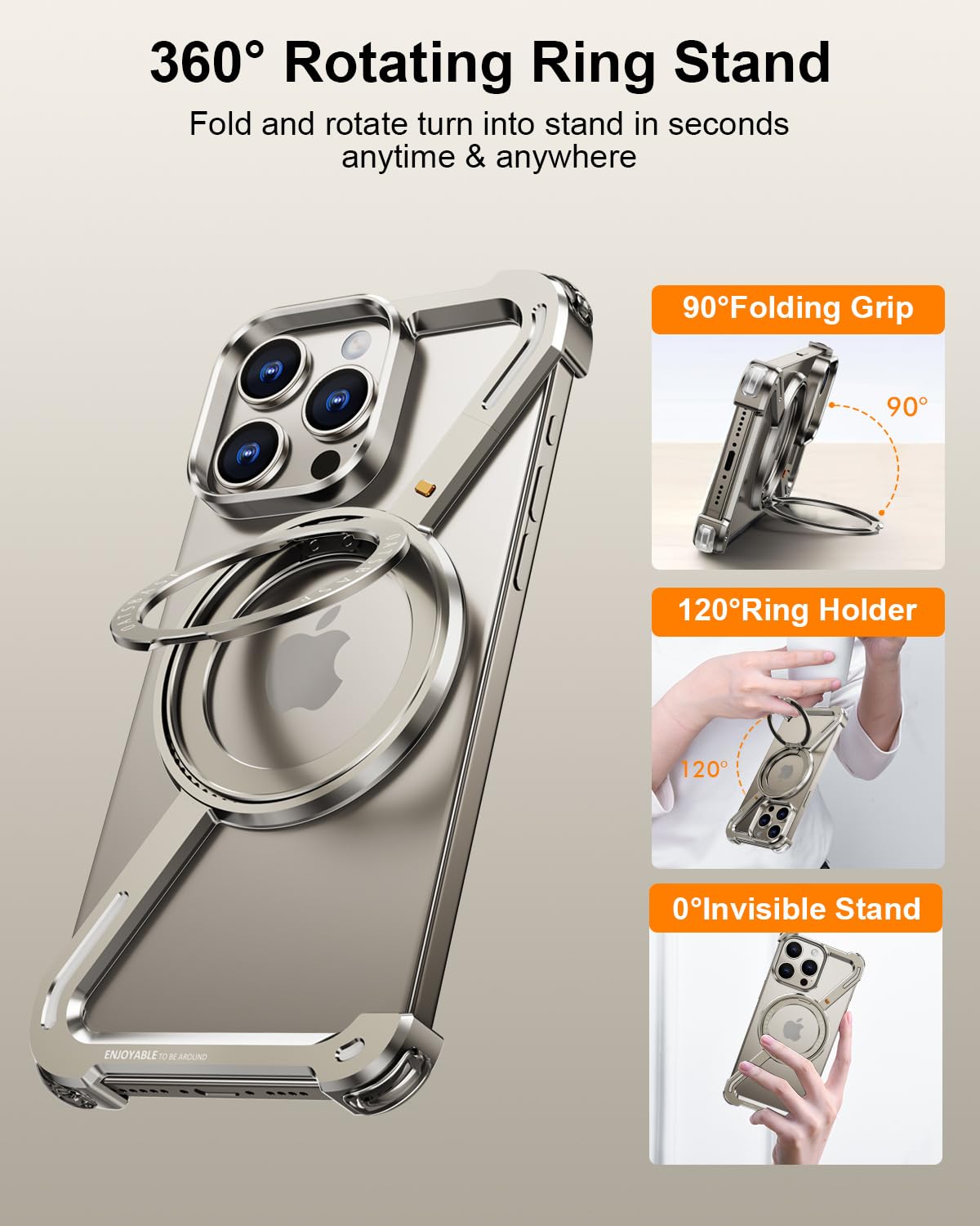 **Magnetic Kickstand Case for iPhone 15 Pro – 360° Rotatable Frameless Metal Bumper with Slim Ultra-Thin Design & Ring Holder – Perfect for Work, Travel, and Everyday Protection**