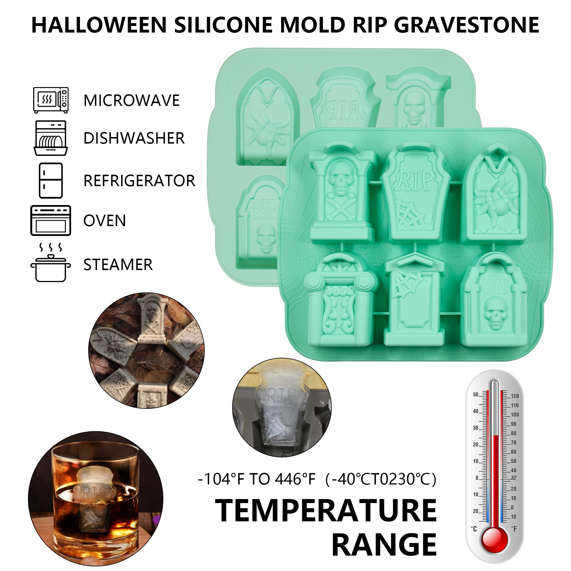Halloween Silicone Mold Set of 2 - RIP Gravestone Ice Cube Tray for Chocolate, Candy, Jello, Cake & Soap Making - Perfect for Spooky Party Decor & DIY Halloween Treats