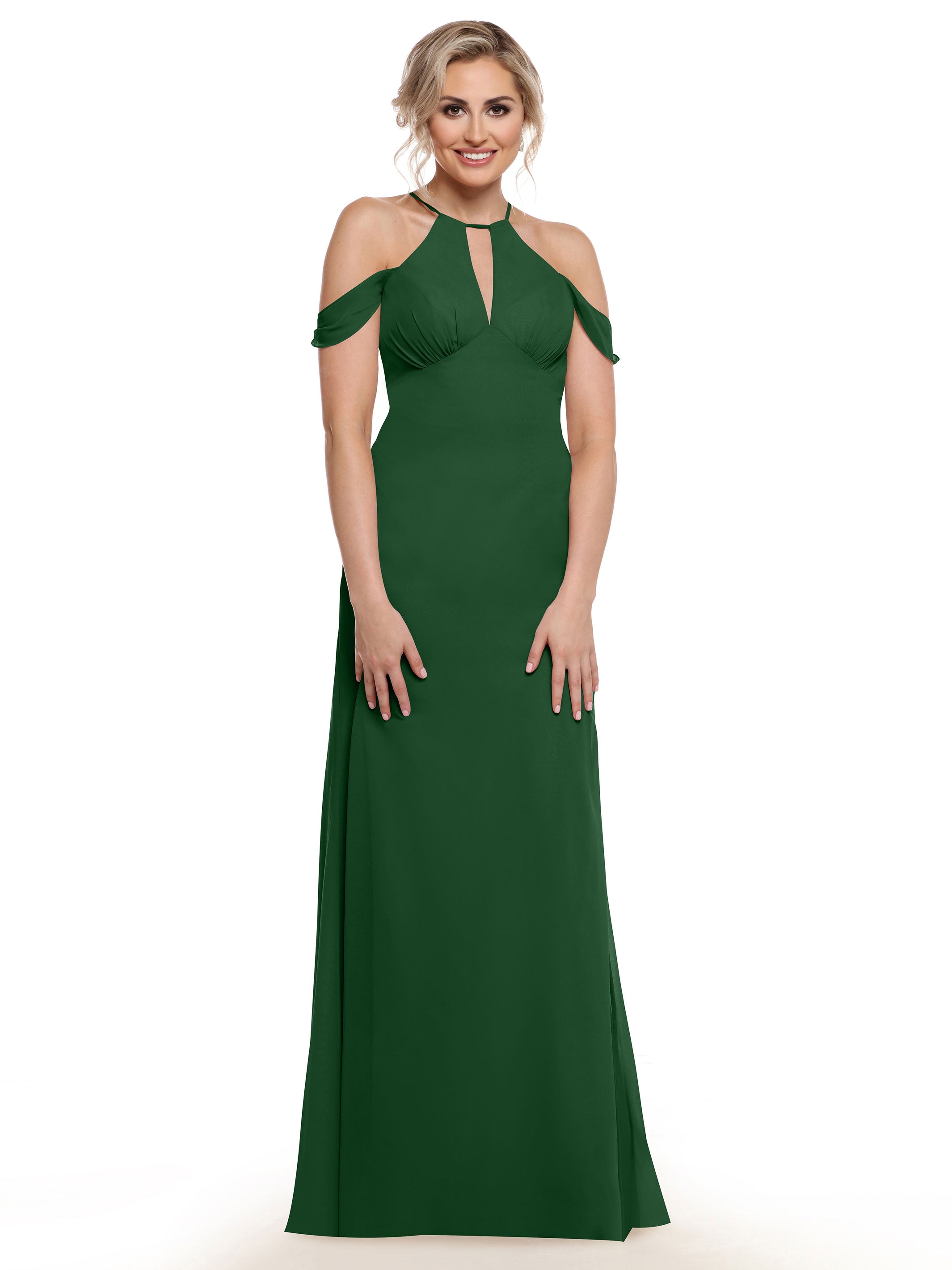 Elegant Off-The-Shoulder Chiffon Bridesmaid Dress with Halter Neckline - Perfect for Weddings, Prom & Formal Events | Style 80148