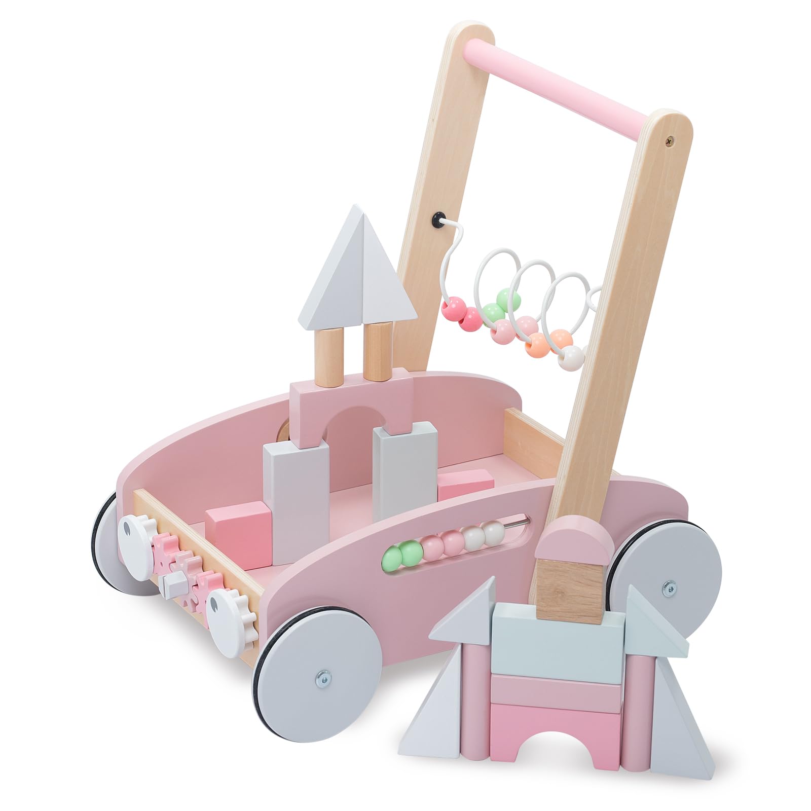 Wooden Baby Walker Push Toy for Toddlers Learning to Walk - Kids Shopping Cart & Garden Wagon Playset with Abacus Blocks - Educational Walking Aid Gift for 2-3 Year Old Boys & Girls (Pink) - Perfect for Indoor Play, Outdoor Adventures & Early Childhood Development