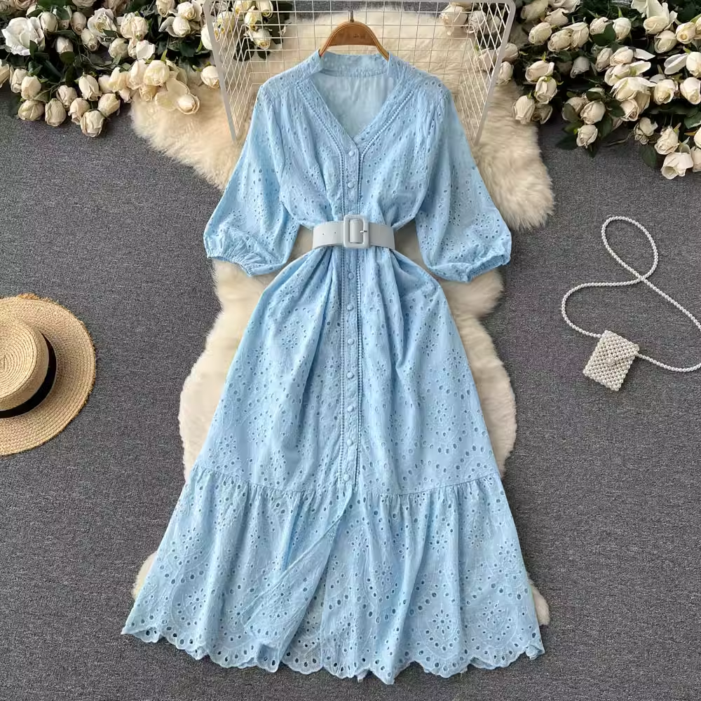 Elegant Hollow V-Neck Puff Sleeve Summer Dress - Flowy Fairy Long Skirt for Women | Perfect for Beach Vacations, Garden Parties & Romantic Dates