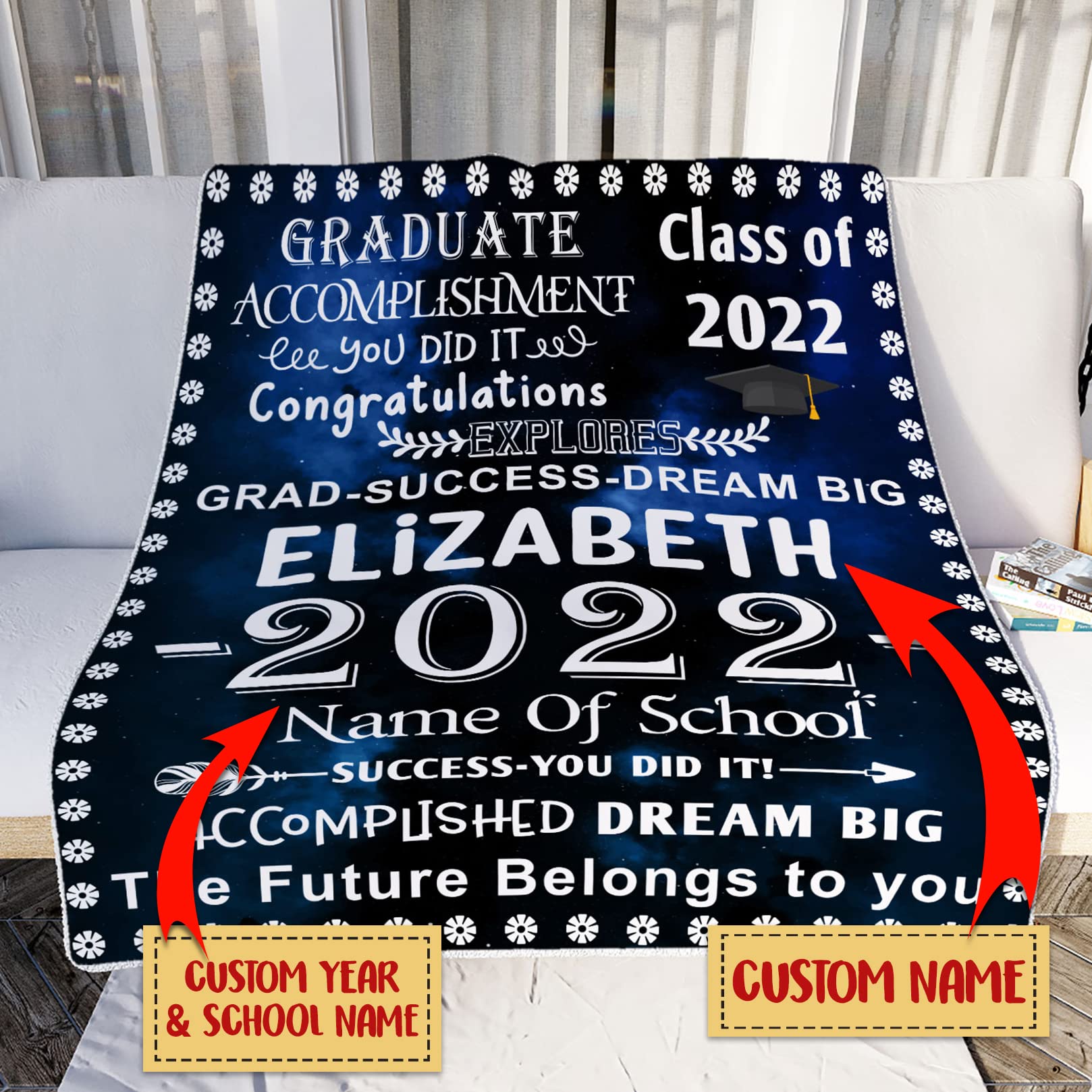 Personalized Graduation Throw Blanket 2022 - Custom School Name Blanket with Year | Unique Graduation Gift for Students | Perfect for College Dorm, Outdoor Picnics & Graduation Parties