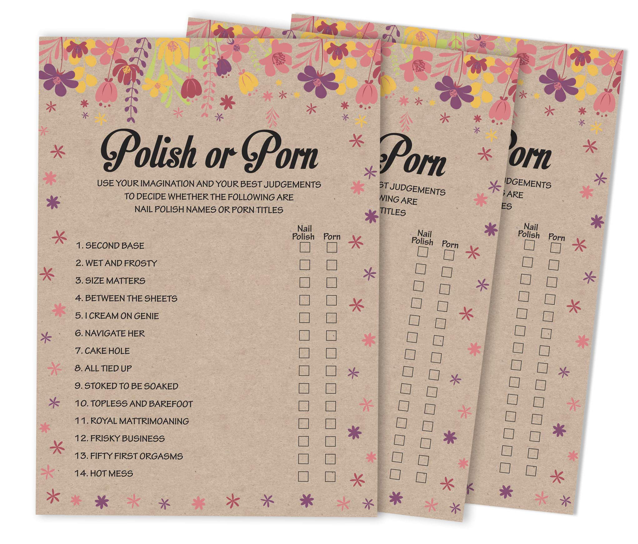 50-Pack Rustic Kraft Floral Bachelorette Party Cards - Bridal Shower Games, Polish or Porn Game Cards for Wedding Activities & Girls Night Fun