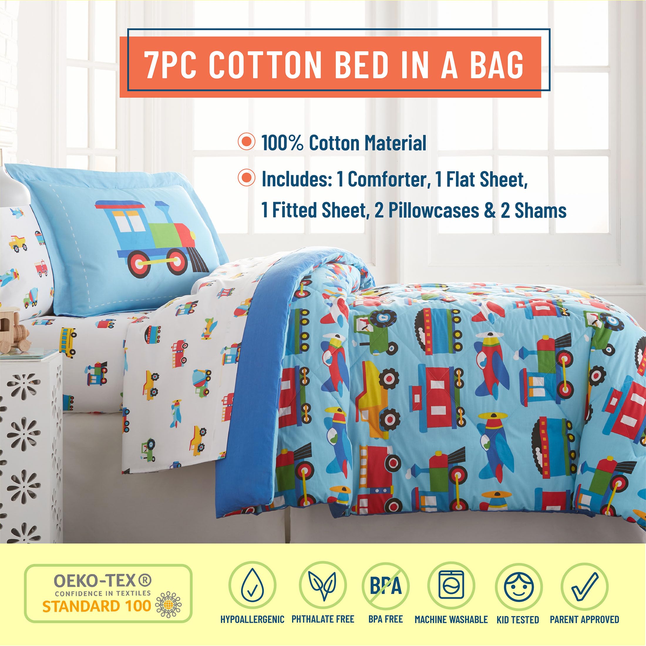 Wildkin 7-Piece Full Bedding Set – 100% Cotton Comforter, Sheets & Pillowcase for Boys | Soft & Breathable Train Airplane Truck Design | Perfect for Kids Bedroom, Sleepovers & Cozy Nights