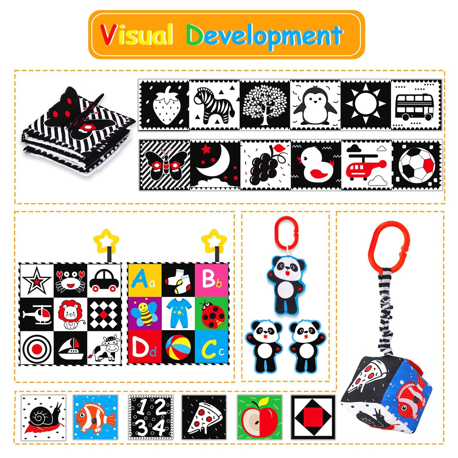 High Contrast Baby Toys 0-6 Months - 4Pcs Montessori Sensory Soft Book with Mirror for Newborns | Black & White Infant Toys for Early Education & Tummy Time | Perfect Baby Shower Gift for Brain Development