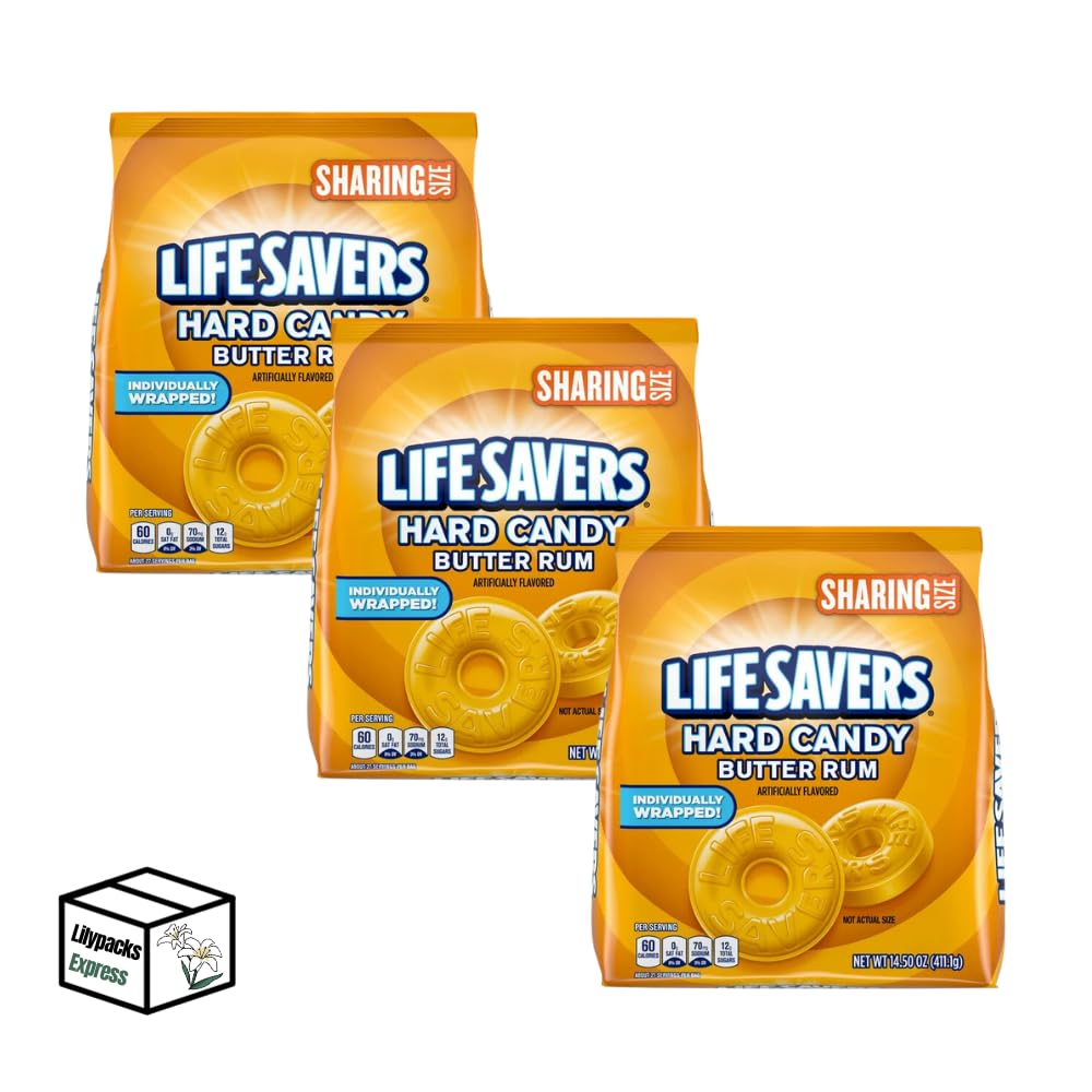 Lifesavers Butter Rum Mints - 3 Pack Large Bags (Individually Wrapped) - Bulk Candy for Office, Parties & Travel - Fresh Breath Mints by Lilypacks Express