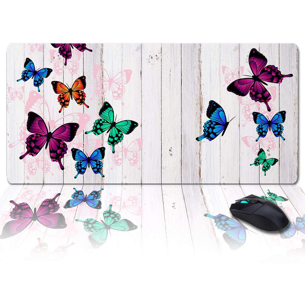 XXL Gaming Mouse Pad - 35x15 Inch Large Desk Mat with Gel Ergonomic Design for PC & Laptop | Oversized Office Decor in Rustic Wood & Colorful Butterfly Pattern | Perfect for Gamers, Home Office & Workspace Setup