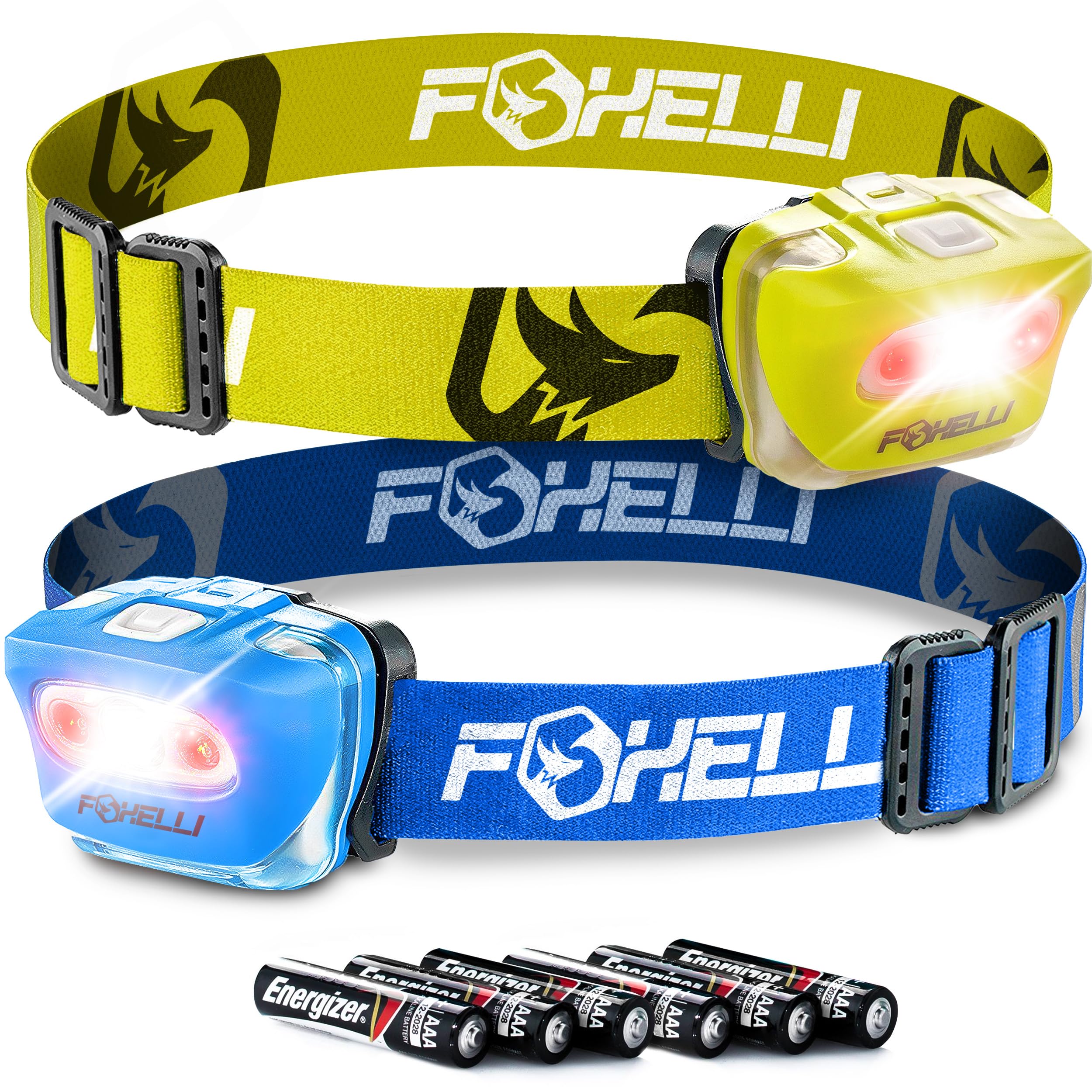 Foxelli LED Headlamp 2 Pack - Waterproof Headlamp with White & Red Light, Adjustable Comfort Band, Includes 3 AAA Batteries (Yellow & Blue) - Perfect for Camping, Hiking, Running & Emergency Use