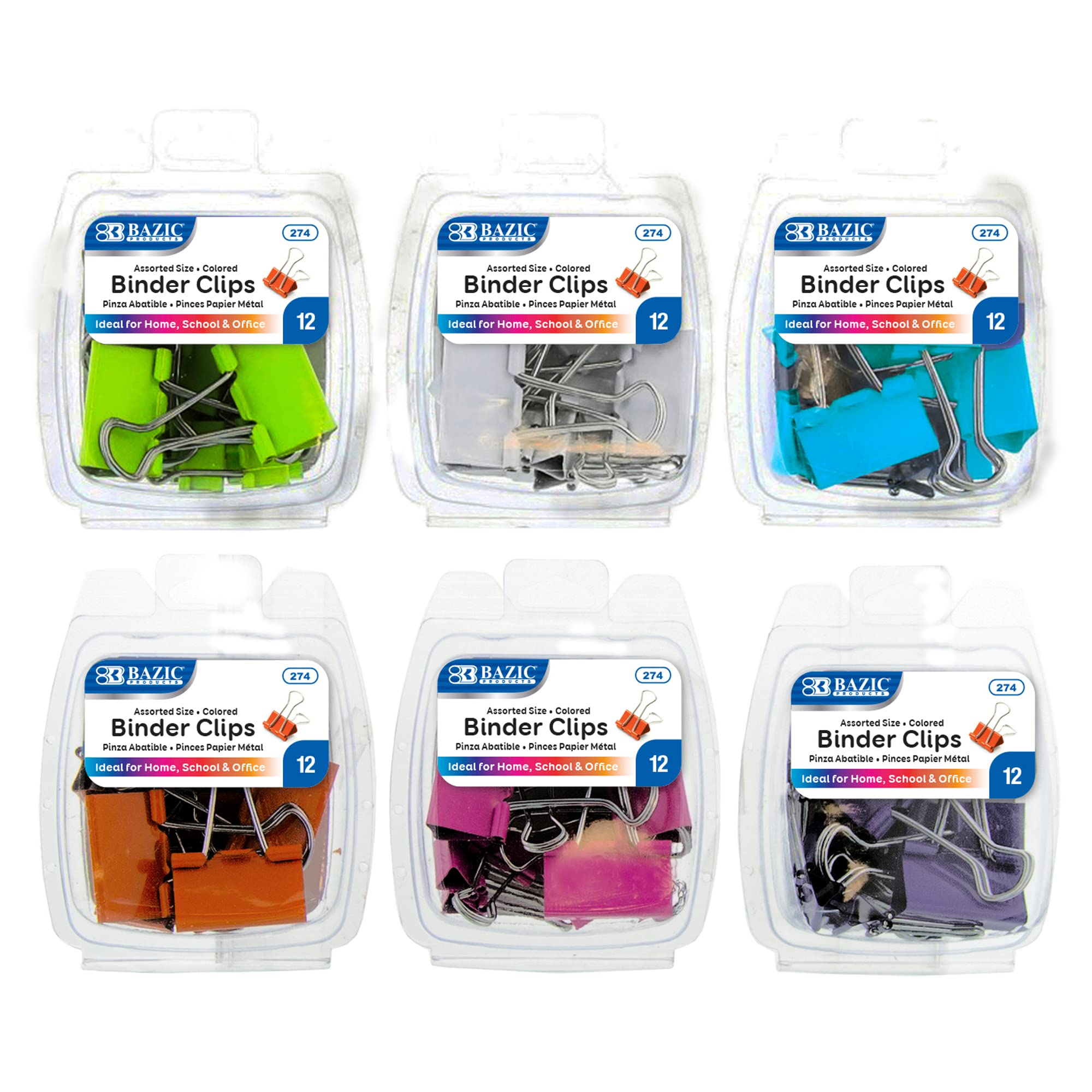 BAZIC Assorted Size & Color Binder Clips - Small, Medium, Large Paper Clamps for Office, School, Home Organization (12/Pack, 24-Packs) - Perfect for Document Filing, Bulletin Boards & Craft Projects