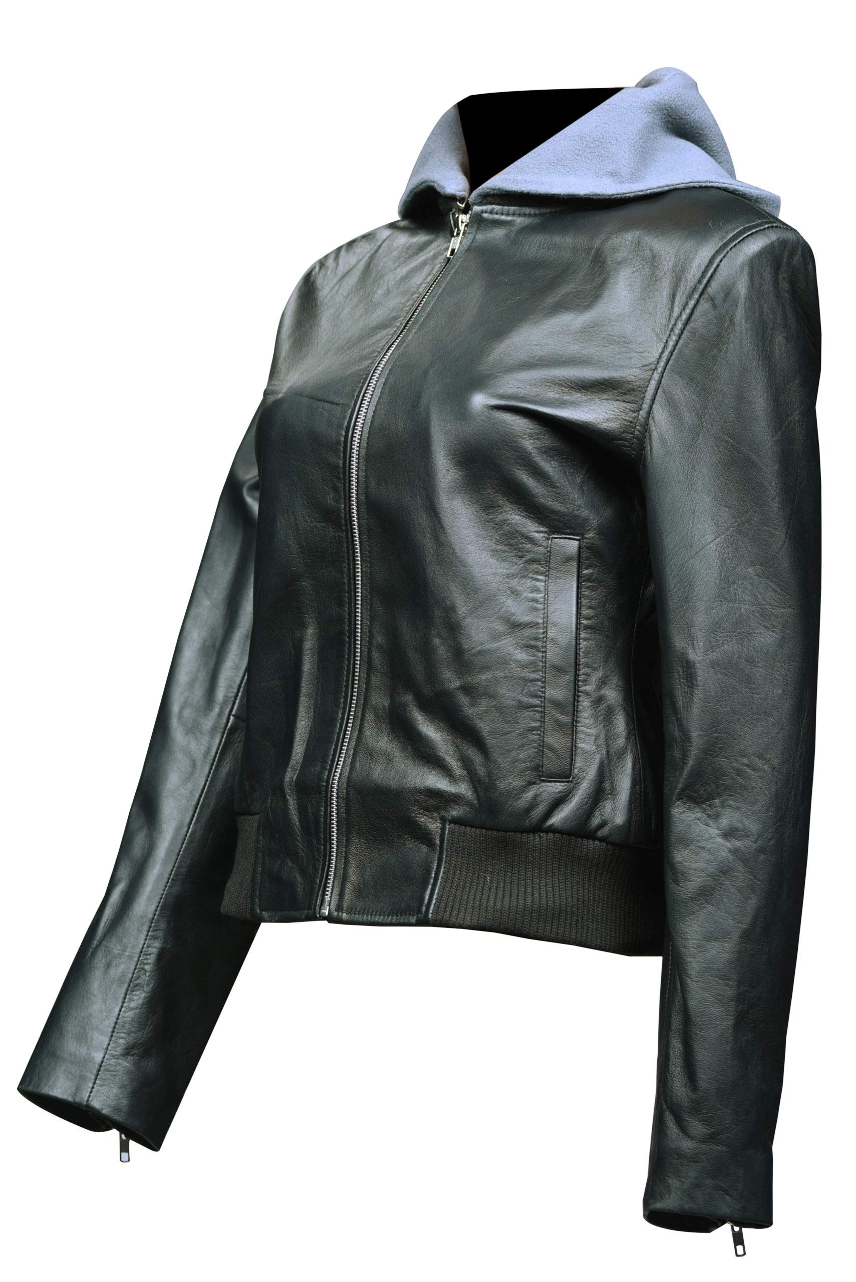 Spirit Black & Gray Hooded Bomber Jacket - Genuine Leather, Missy Plus Size - Stylish Outerwear for Women, Perfect for Casual Outings & Cool Weather