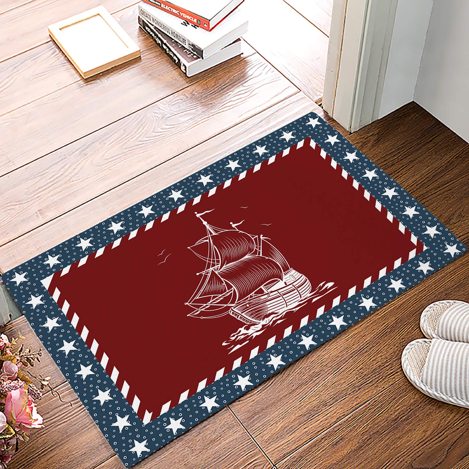 Prironde Non-Slip Entryway Doormat - 20x31.5 Inch Patriotic Welcome Rug with USA Flag & Ocean Ship Design for Front Door, Bathroom, Bedroom, Kitchen & Office - Perfect for Independence Day Decor & Home Safety
