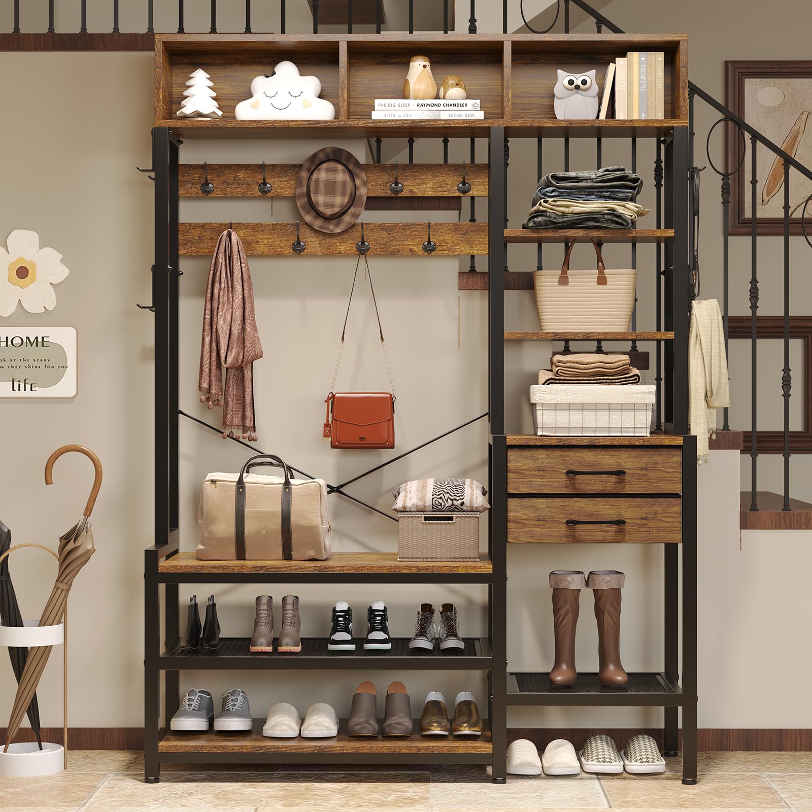 Itaar 7-in-1 Hall Tree Entryway Bench with Coat Rack - Rustic Brown Shoe Storage Organizer, 3 Cubbies & 3 Shelves, 17 Hooks & 2 Fabric Drawers - Perfect for Mudroom, Foyer & Small Space Organization