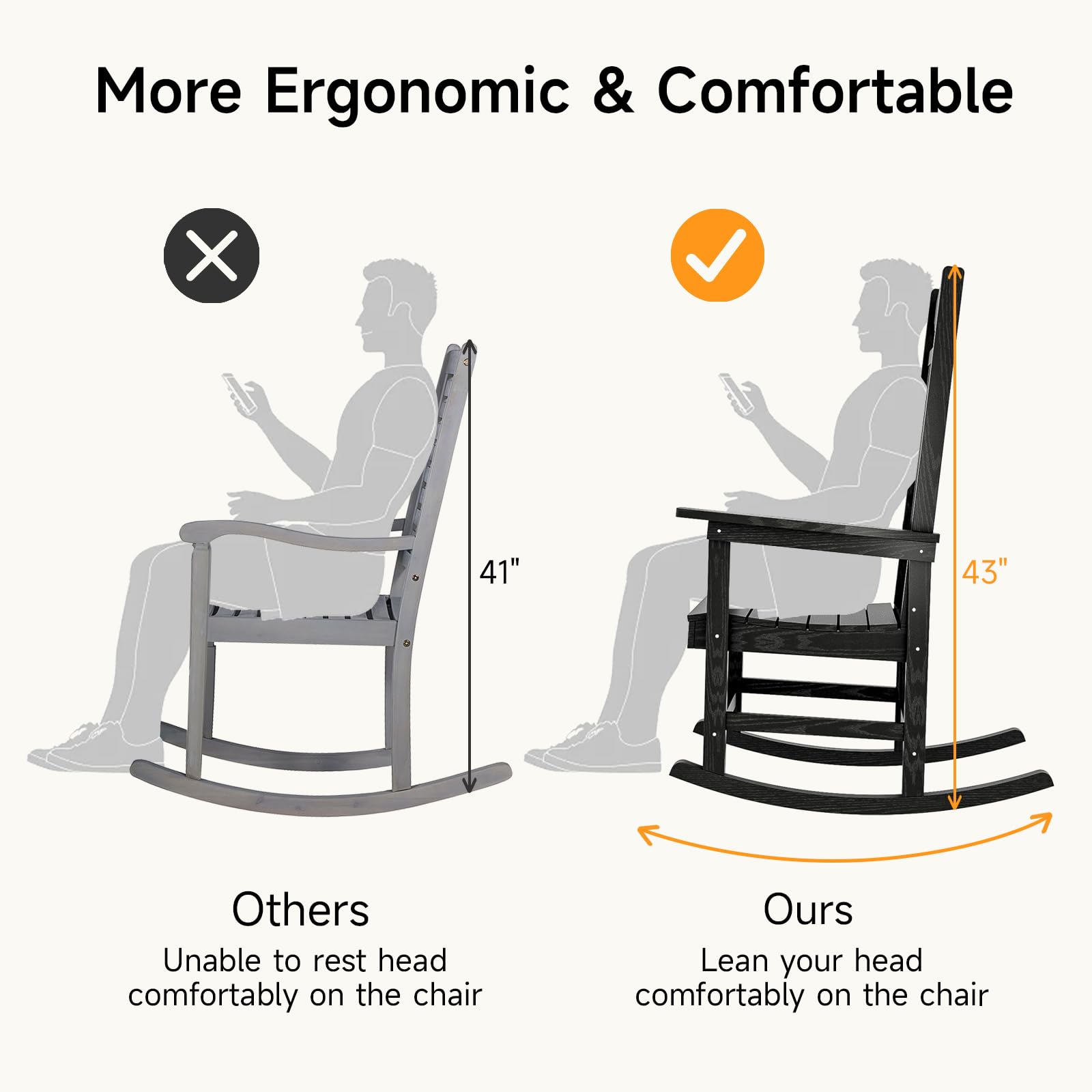 All-Weather Resistant HDPS Poly Outdoor Rocking Chair - 350 lbs Weight Capacity, Durable Front Porch Rocker for Patio, Garden & Indoor Use - Black