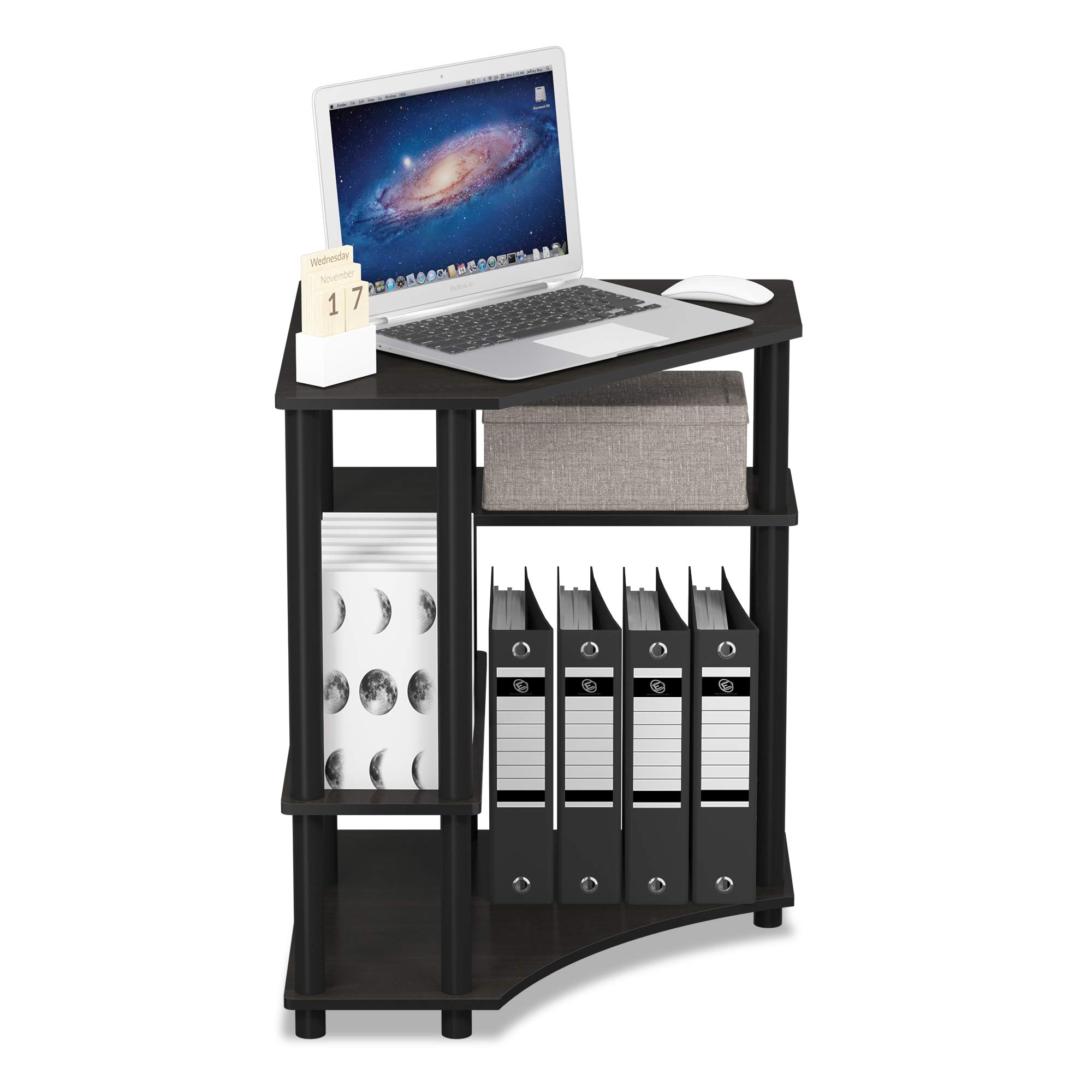 FURINNO Turn-N-Tube Compact Corner Computer Desk with Storage Shelf - Espresso/Black Finish - Perfect for Small Spaces, Home Office & Dorm Rooms
