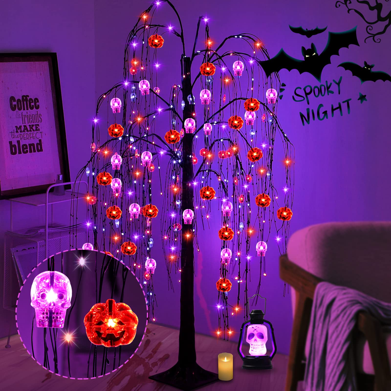 IJG 6Ft 320 LED Halloween Tree Decor with Orange & Purple Lights - Timer & 8 Lighting Modes, Black Spooky Artificial Tree for Indoor Outdoor Home, Yard, Garden, and Party Decorations | Perfect for Halloween, Christmas, and Themed Events