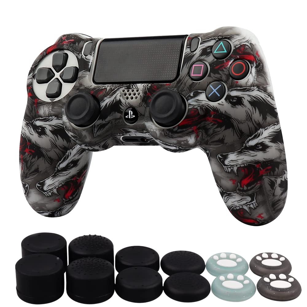 ROTOMOON PS4 Wolf Design Silicone Controller Cover with 8 Thumb Grips & L2 R2 Trigger Protector - Anti-Slip, Sweat-Proof Skin for Playstation 4 Slim/Pro Controller - Perfect for Gaming, Protection & Enhanced Grip During Long Play Sessions