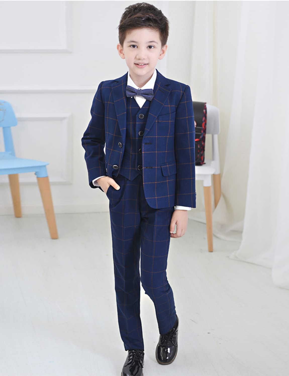 Boys' 3-Piece Checked Suit Set with Notch Lapel - Formal Jacket, Vest & Pants for Wedding, Party & Performance | Kids' Dress Outfit for Special Occasions