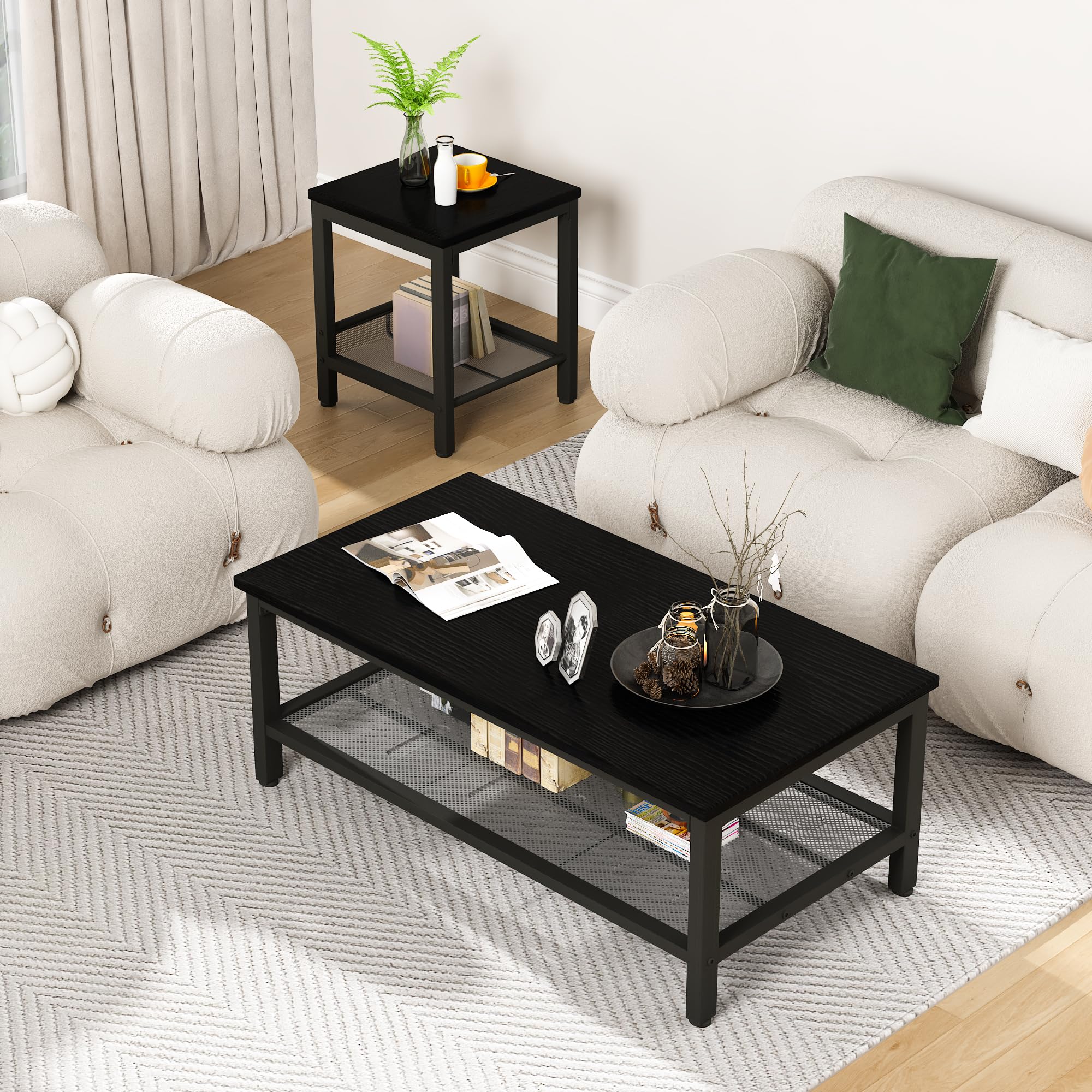 AWQM 3-Piece Industrial Coffee Table Set with 2 Square End Tables - Modern Metal Frame Living Room Furniture for Apartment, Home Office - Black | Perfect for Small Spaces, Entertaining Guests & Stylish Home Decor