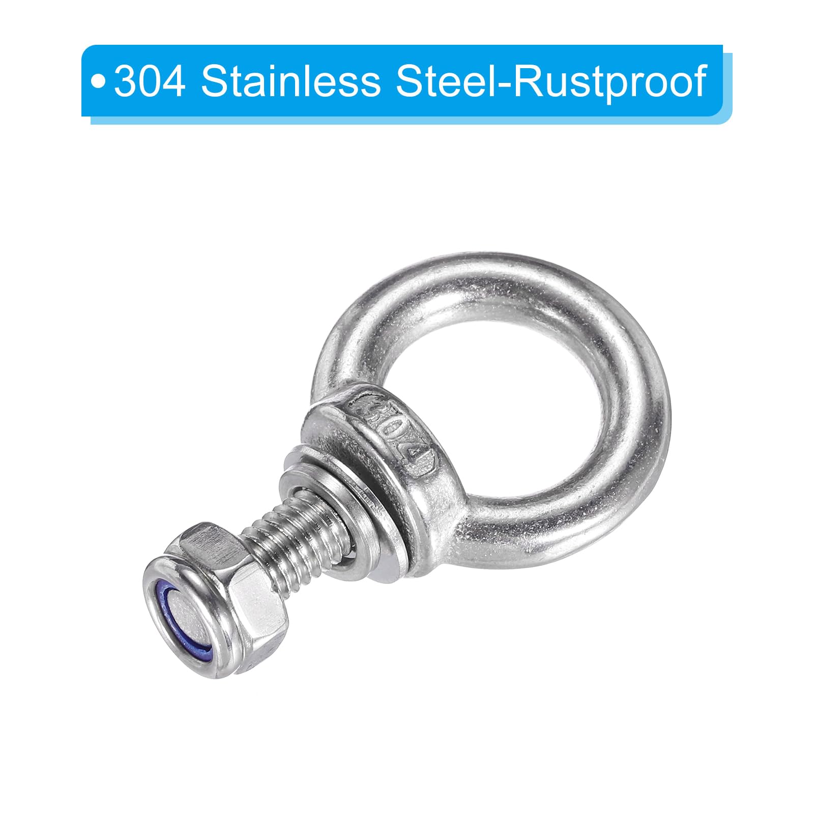304 Stainless Steel M8 x 20mm Lifting Shoulder Eye Bolt with Nuts & Washers - 4Pcs Heavy Duty Eyebolt for Hanging Hammocks, Swing Chairs, Outdoor Decor & Home Improvement Projects