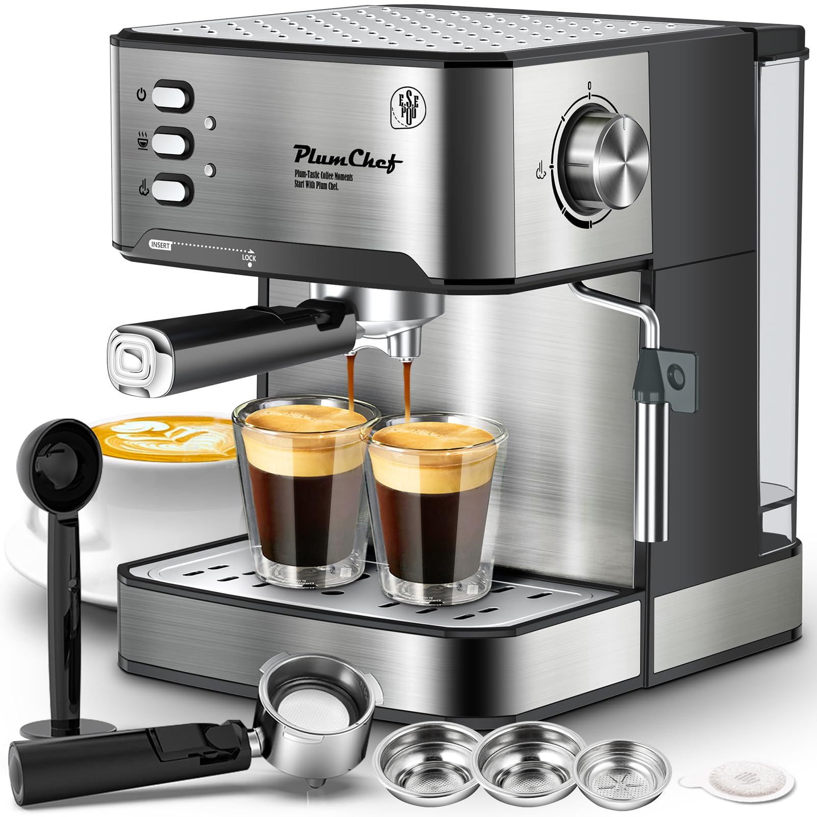 PlumChef 20 Bar Professional Espresso Machine - Compact Home Coffee Maker with Milk Frother, 54oz Water Tank, Low Noise - Perfect for Lattes, Cappuccinos & Quick Morning Brews