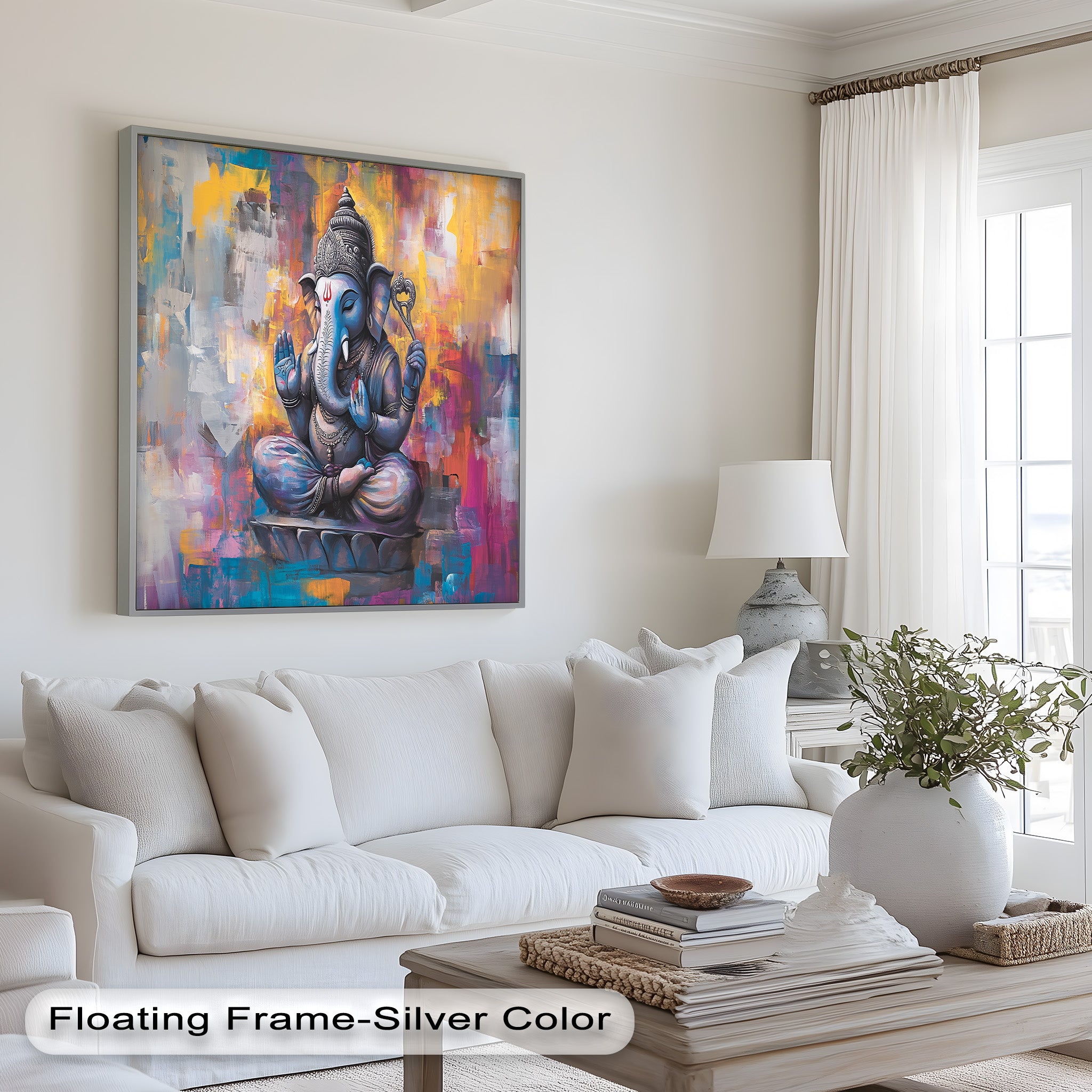 Vibrant Ganesha Wall Art - Hindu Religious Oil Painting for Home Decor & Meditation Space