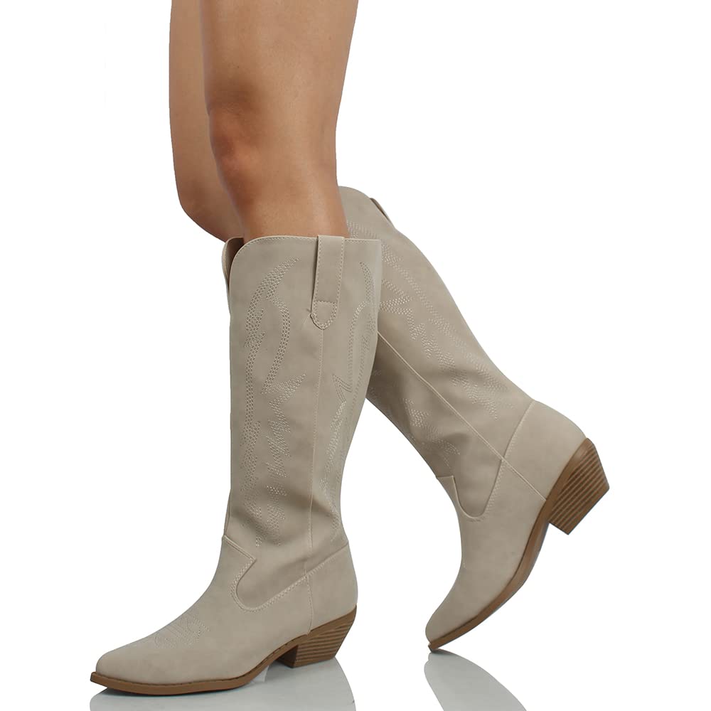 Women's Faux Leather Cowboy Boots Knee High with Stitching - Western Style Riding Boots for Country Fashion & Outdoor Events