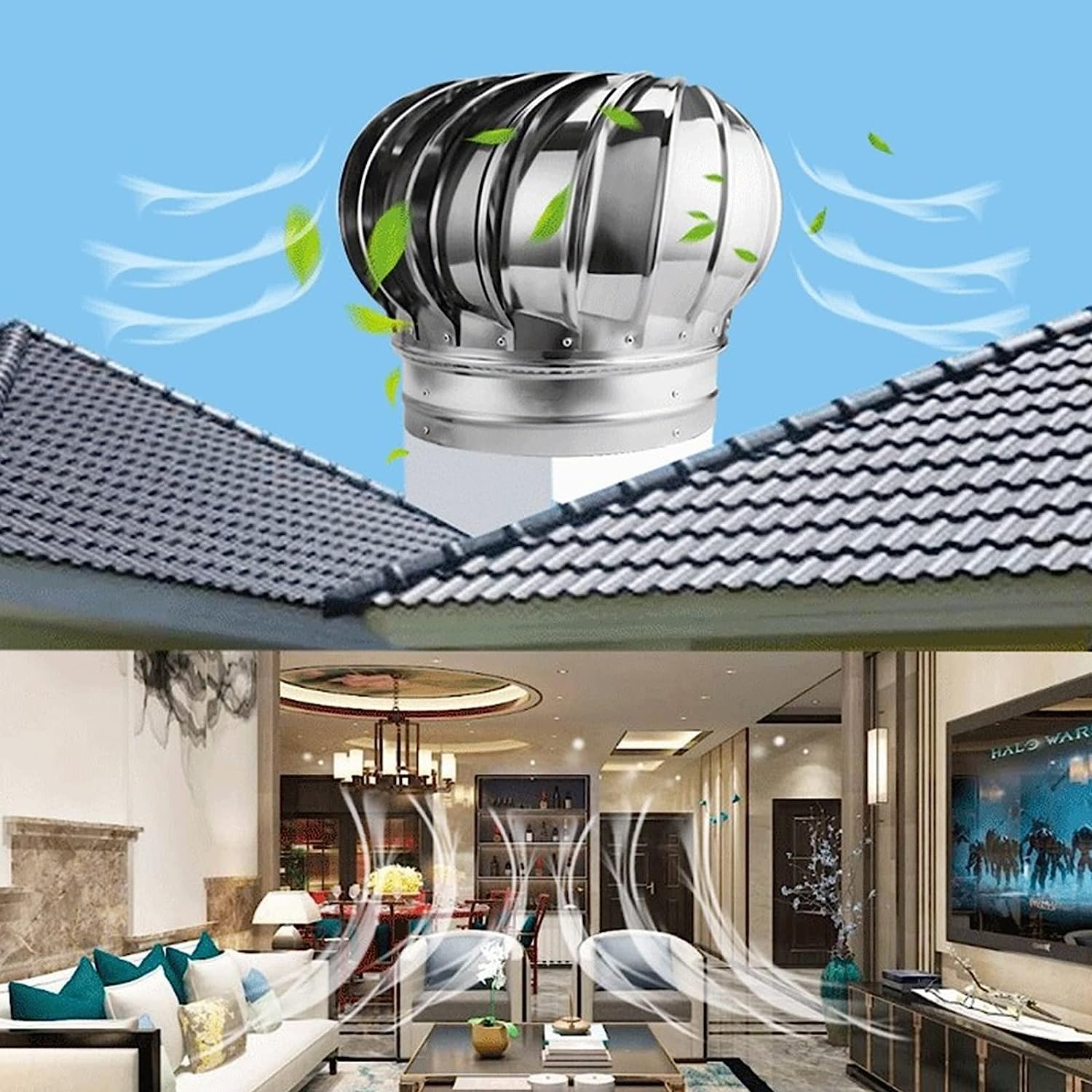 Stainless Steel Chimney Vent Hood with Wind Turbine Kit - 300mm/11.8in Attic Ventilation, Roof Exhaust, Greenhouse & Farm Airflow System - Weatherproof Dryer Vent Cover for Rain & Bird Protection (Ideal for Homes, Greenhouses & Agricultural Buildings)