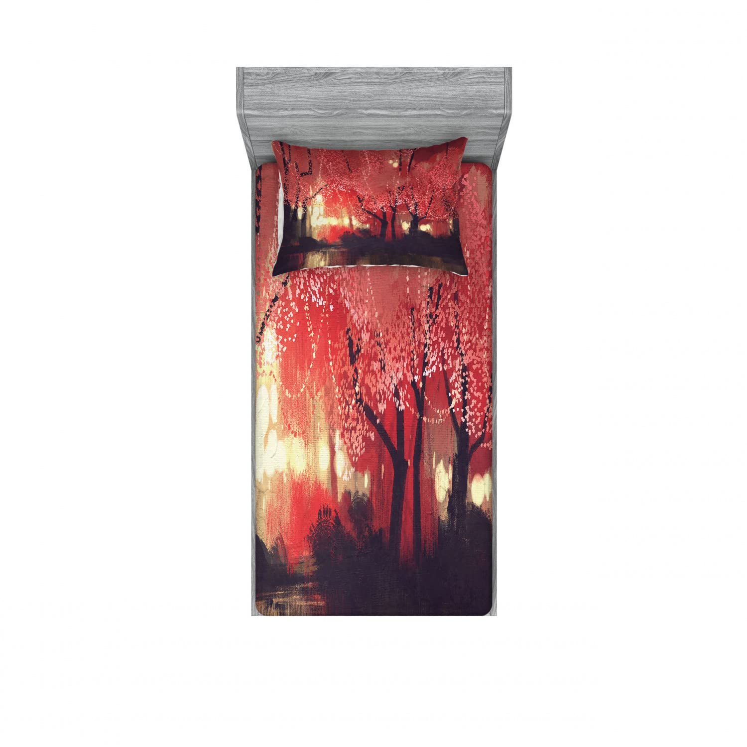 Ambesonne 2-Pack Twin Fitted Sheet & Pillow Sham Set - Charming Mist Forest Print, Brown & Ruby Bedding Decor (4-Piece Set) for Cozy Cabin Retreats or Nature-Inspired Bedrooms