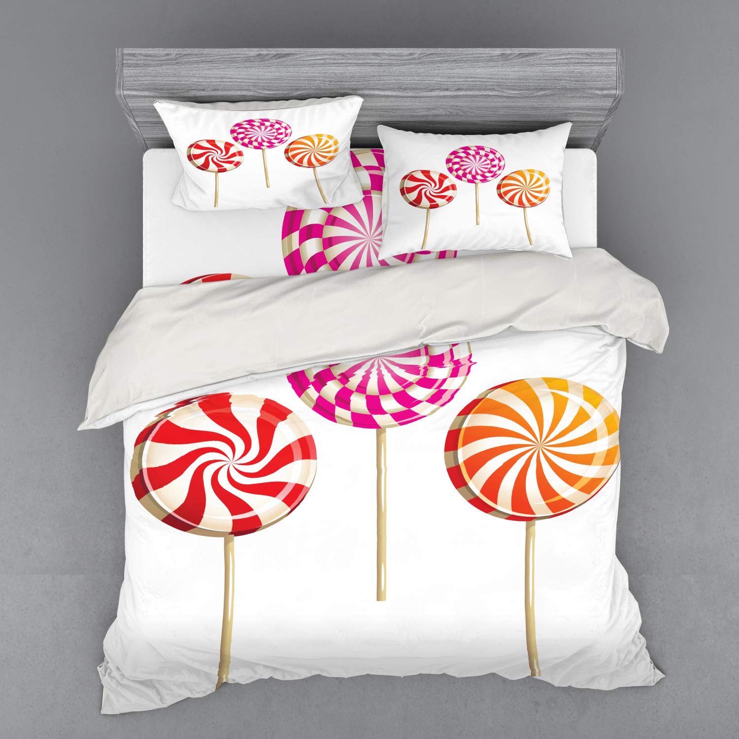 Ambesonne Colorful 4-Piece King Size Bedding Set - Realistic Sugary Treats & Spiral Lollipop Design, Duvet Cover with Shams & Fitted Sheet, Vibrant Multicolor - Perfect for Kids' Rooms, Candy-Themed Decor & Sweet Dreams