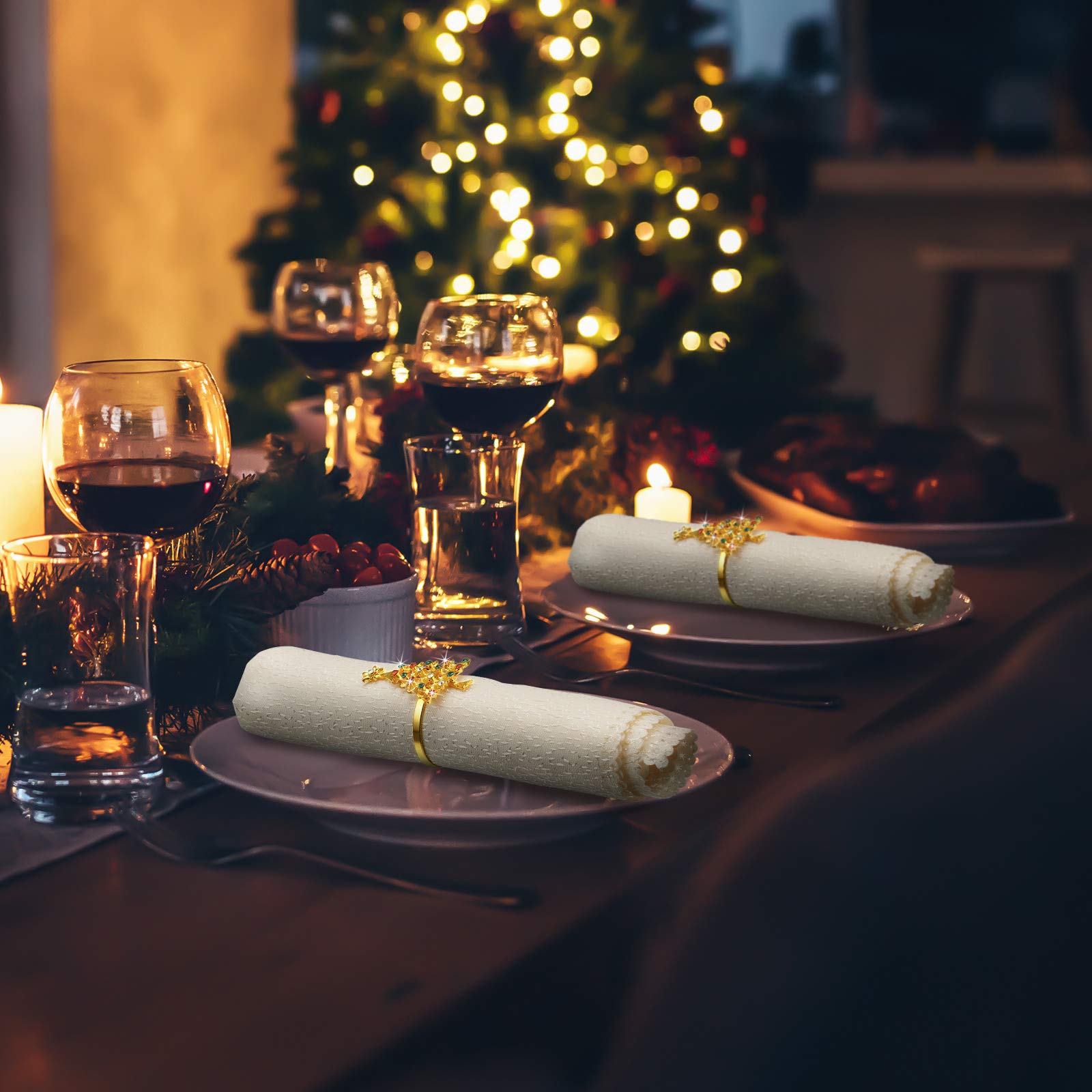 Outus Set of 12 Christmas Tree Metal Napkin Rings - Gold Xmas Holiday Dinner Decor for Christmas Party, Wedding & Festive Table Settings