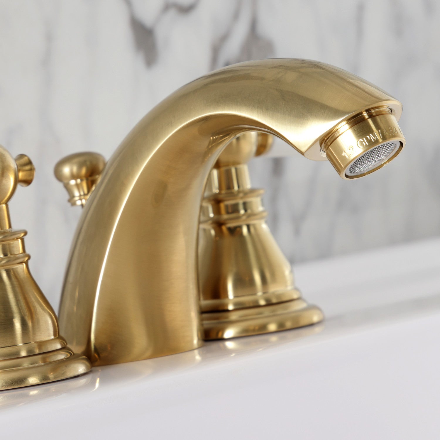 American Patriot KB957APLSB Brushed Brass Two-Handle 3-Hole Mini Widespread Bathroom Faucet with Pop-Up Drain - Perfect for Modern Bathroom Vanities and Powder Rooms