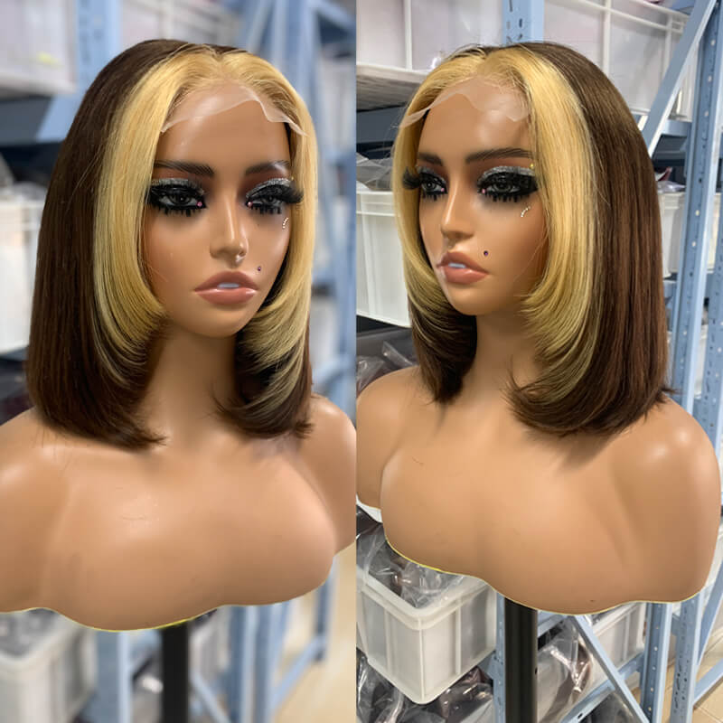 Eullair Short Layered Straight Bob Wig - Chocolate Brown with Honey Blonde Highlights 100% Human Hair Wavy Loose Wig for Women | Perfect for Cosplay, Daily Wear & Costume Parties