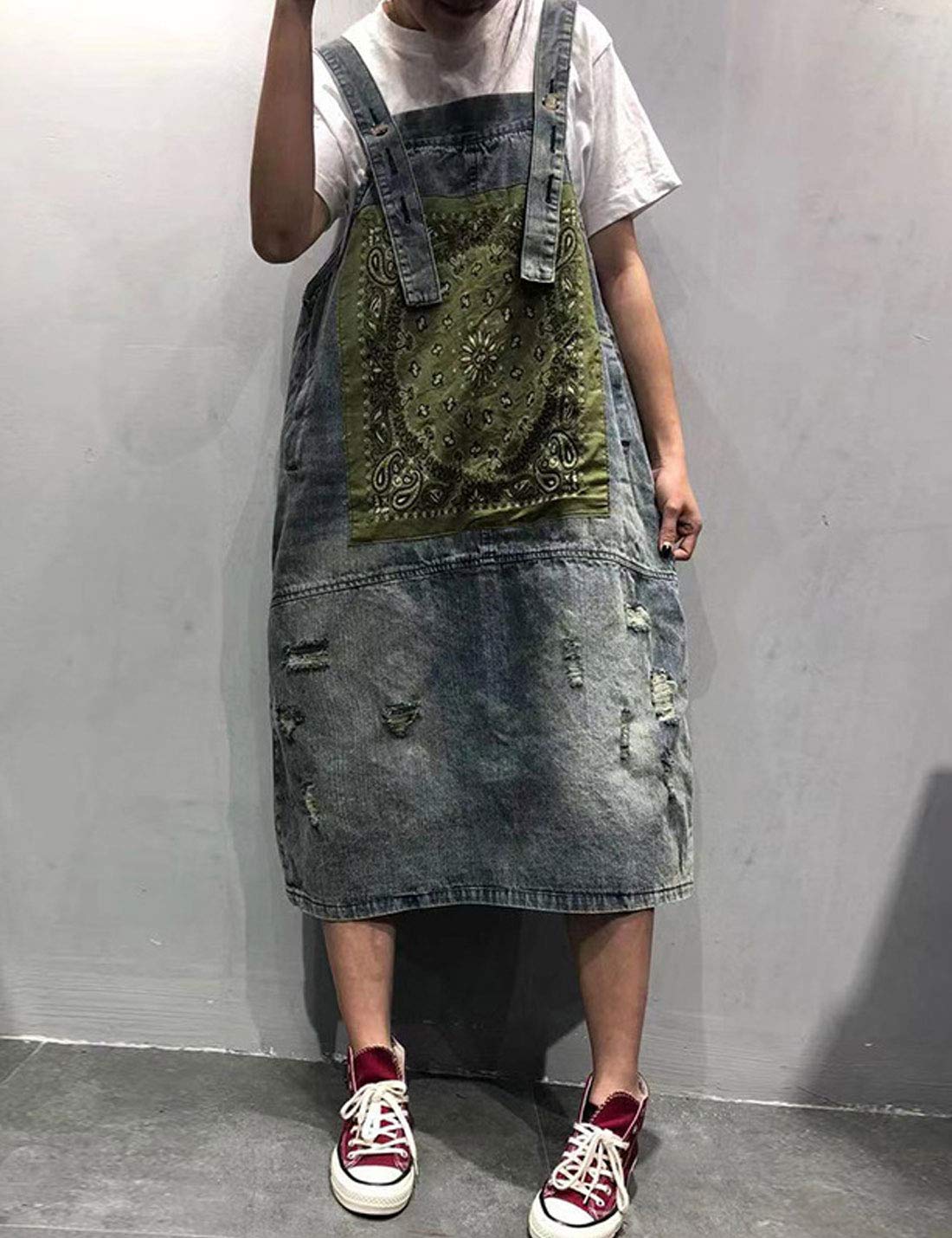Flygo Women's Loose Fit Baggy Denim Overalls - Midi Length Pinafore Jumper Dress with Skirt | Casual Outfit for Streetwear, Date Night & Spring Fashion