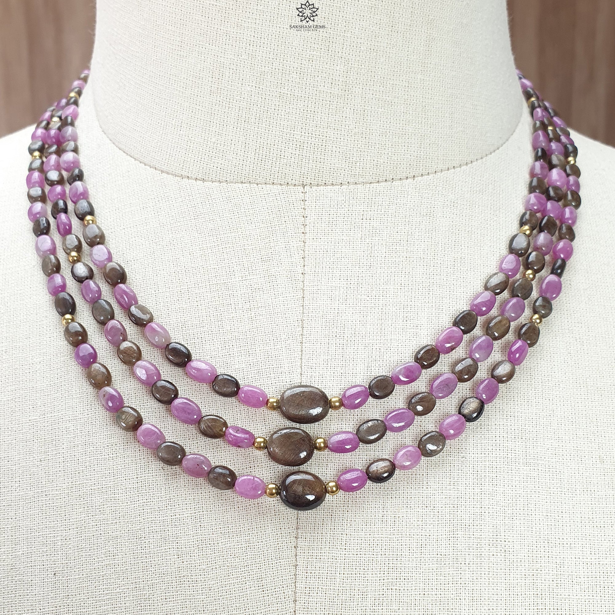 Natural Untreated Golden & Pink Sapphire Gemstone Beads Necklace - Oval Shape Brass Jewelry (18