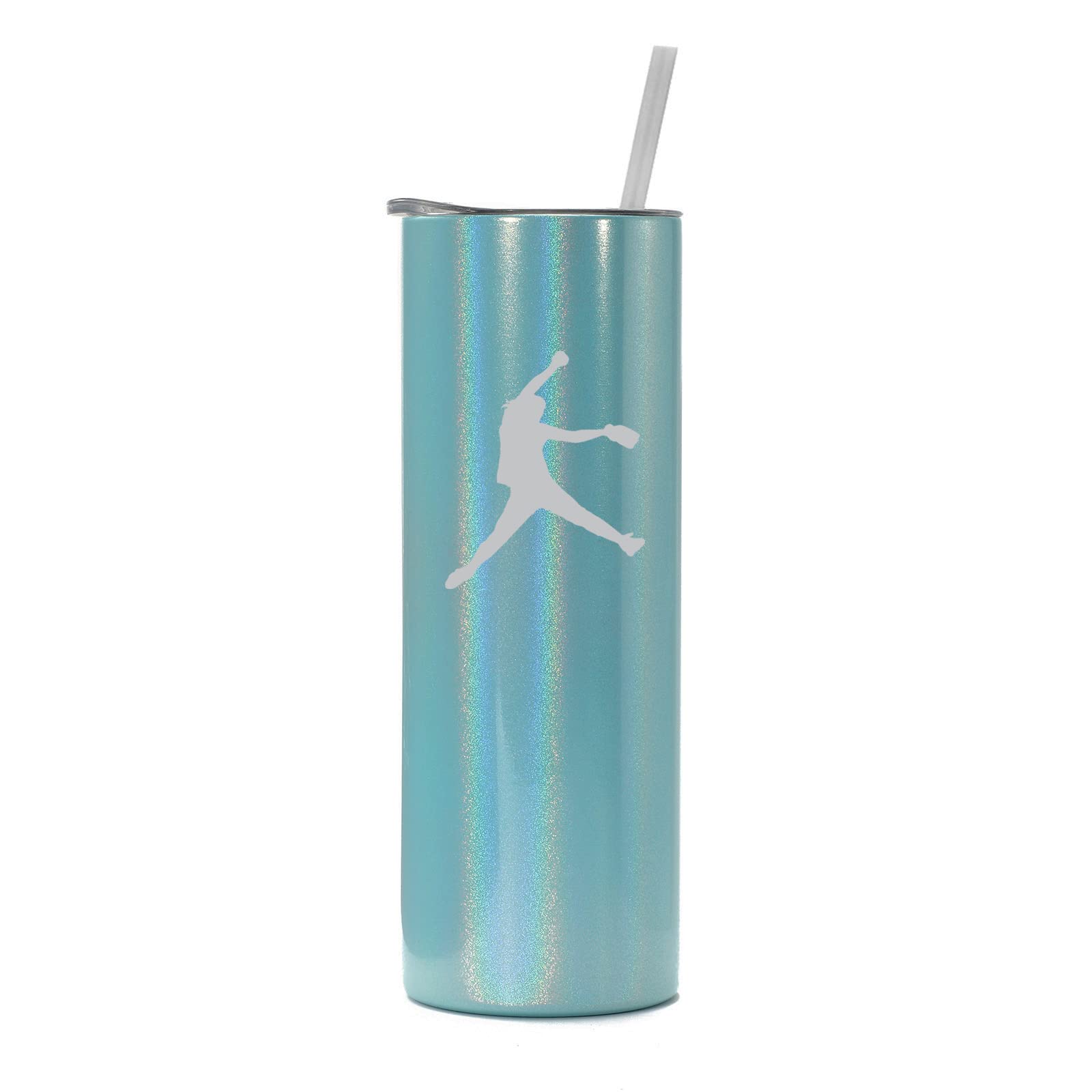 20 oz Skinny Tall Stainless Steel Vacuum Insulated Tumbler with Straw - Light Blue Iridescent Glitter Travel Mug for Women, Softball Players & Athletes - Perfect for Hot/Cold Drinks, Gym, Workouts, Office & Outdoor Activities