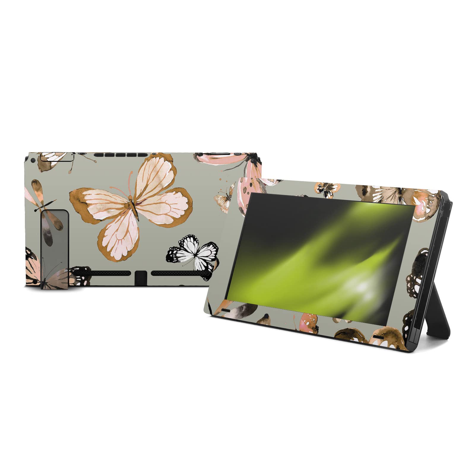 Official Ninola Butterflies Gold Green Vinyl Skin Sticker Bundle for Nintendo Switch Console, Dock & Joy-Con Controllers - Protective Decal for Gaming Accessories | Perfect for Customizing Your Switch for Home, Travel & Gaming Parties