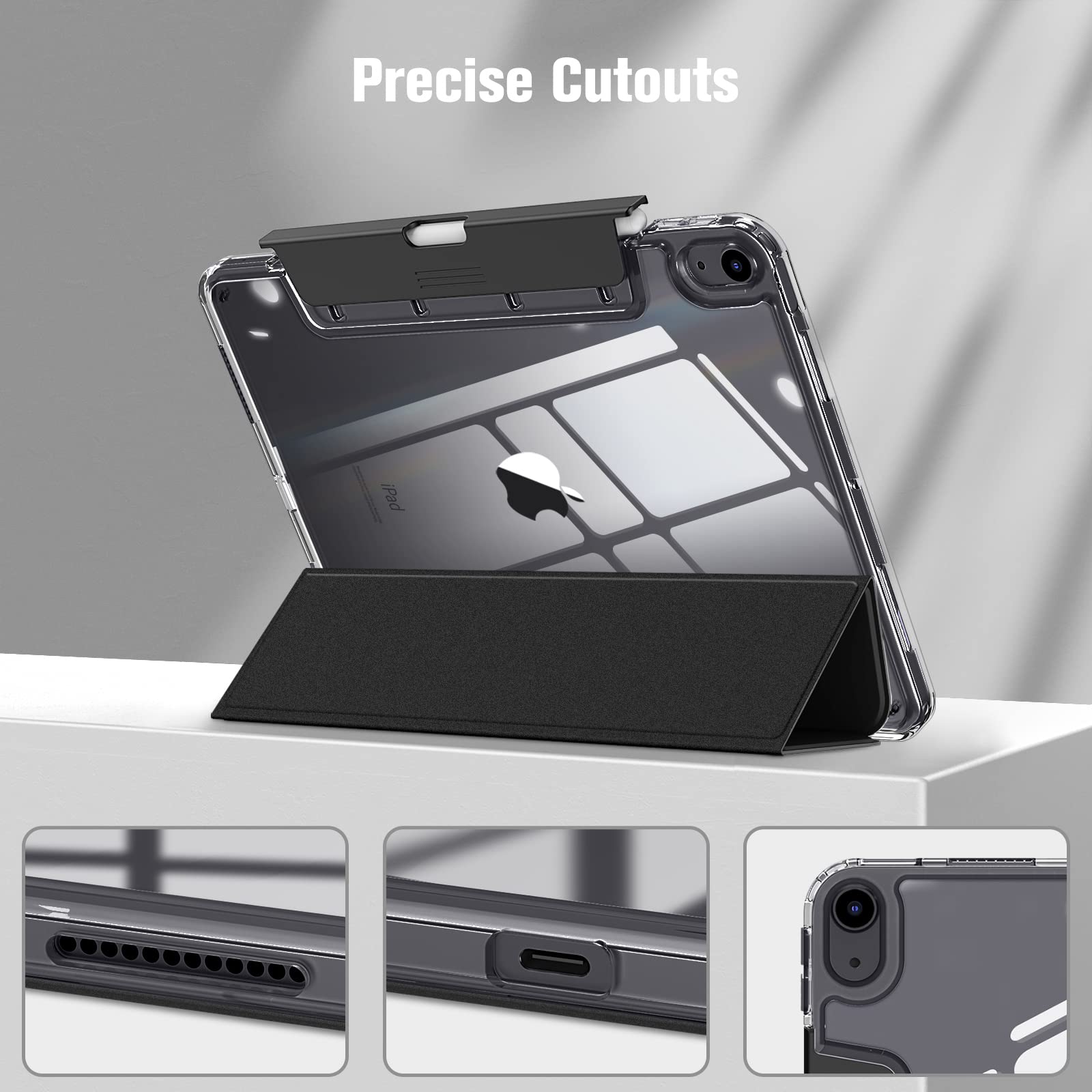 Fintie Clear Protective Case for iPad Air 11-inch (M3 2025/M2 2024) & 10.9-inch (5th/4th Gen) - Slim Transparent Back Cover with Built-in Apple Pencil Holder - Perfect for Work, School & Travel - Black